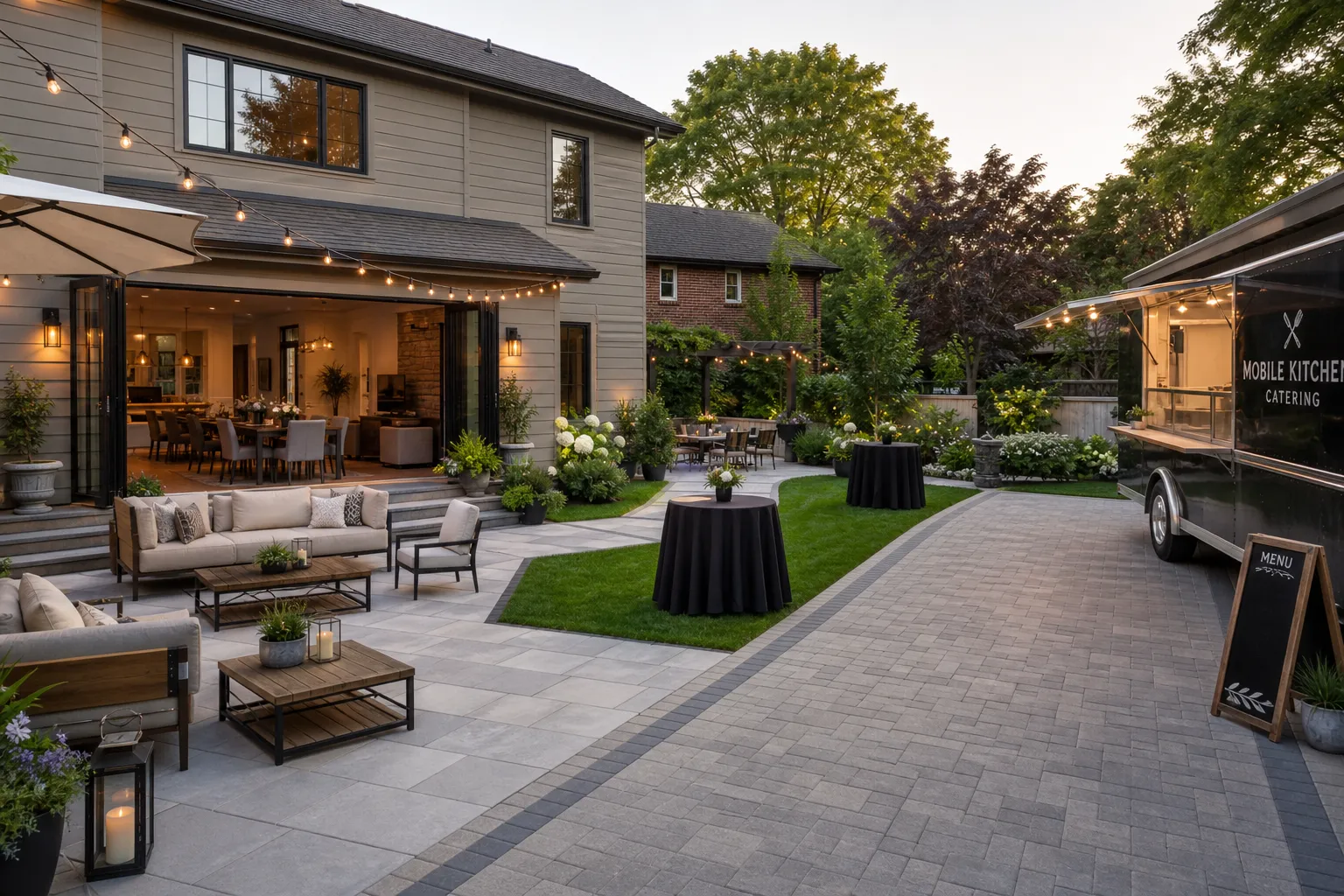 Milton housewarming setup with backyard seating zones and driveway access for service