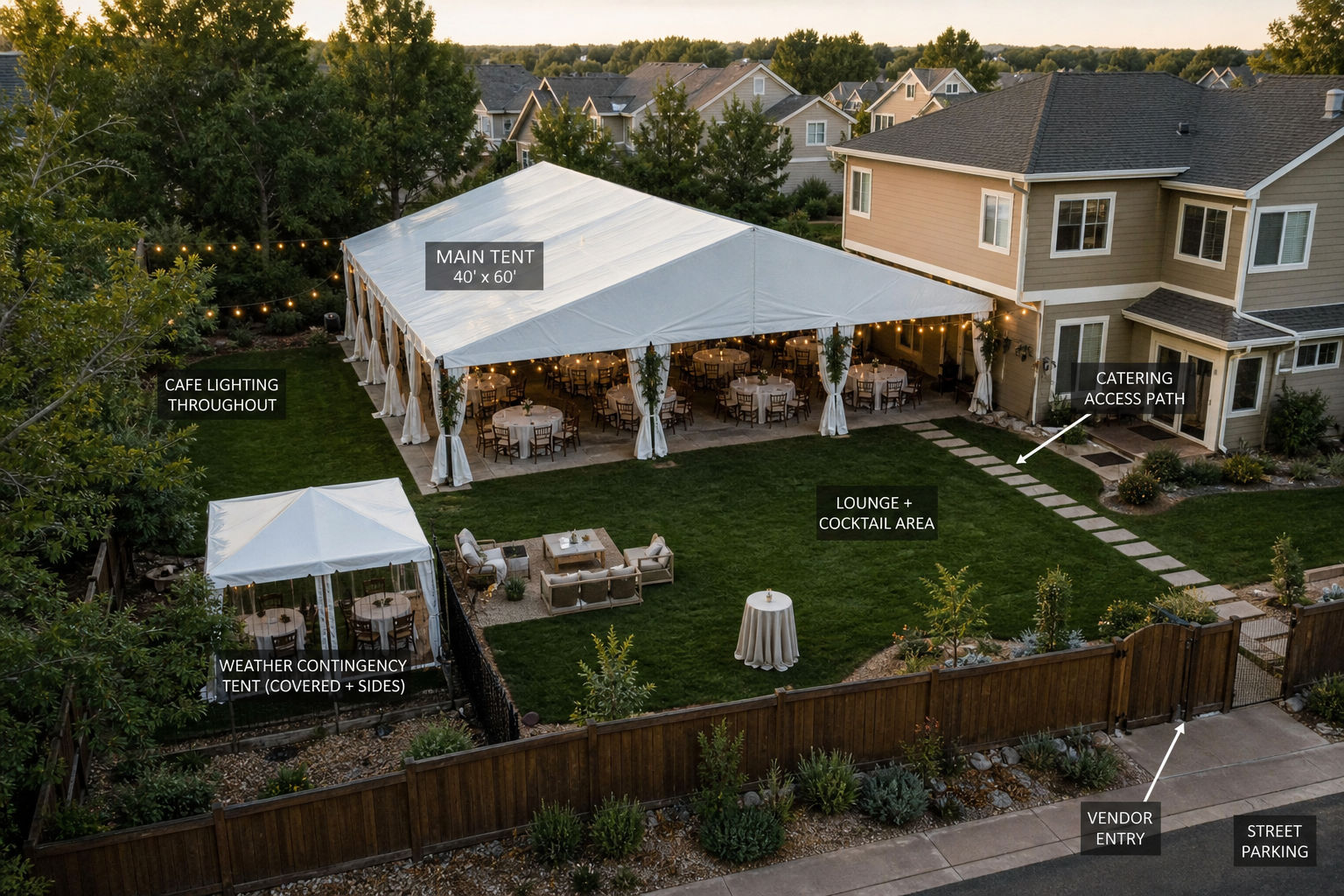 Backyard event site layout with catering access and contingency planning details
