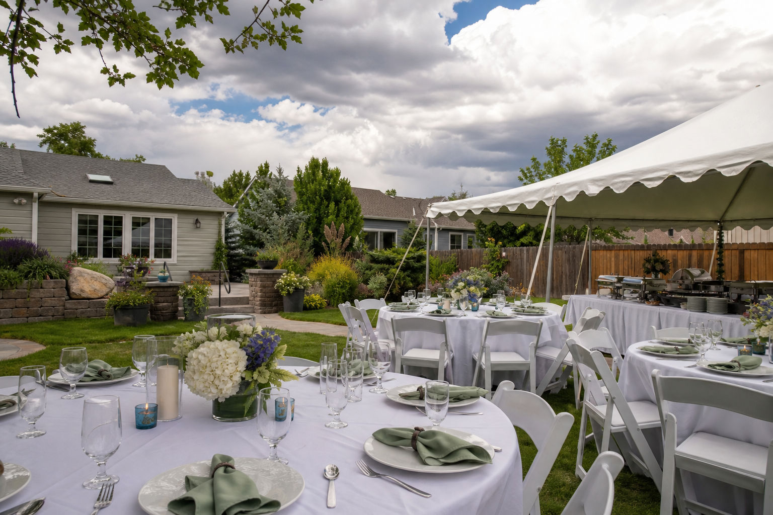 Covered Colorado backyard event setup prepared for changing spring and summer weather