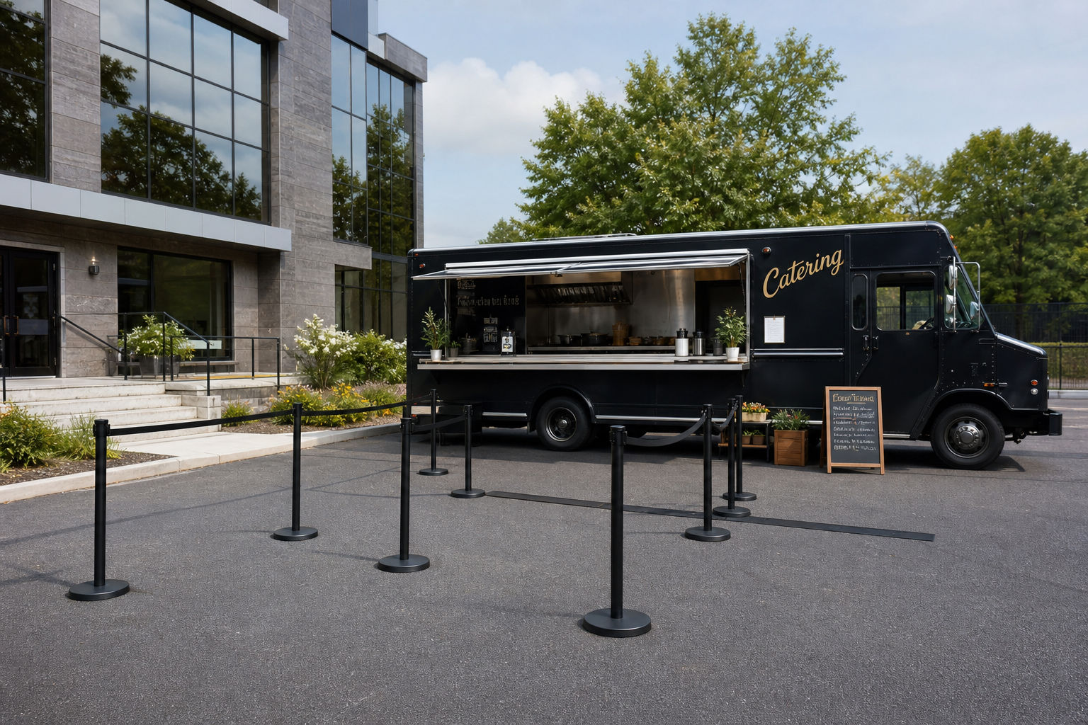 Food truck catering layout at a local business event with room for efficient service