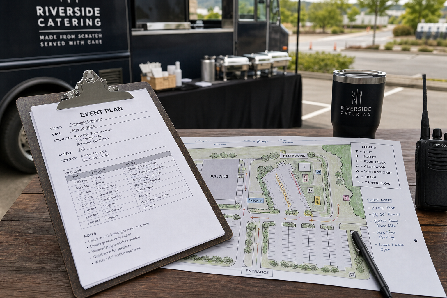 Event planning materials showing site access and setup logistics for a mobile catered company event