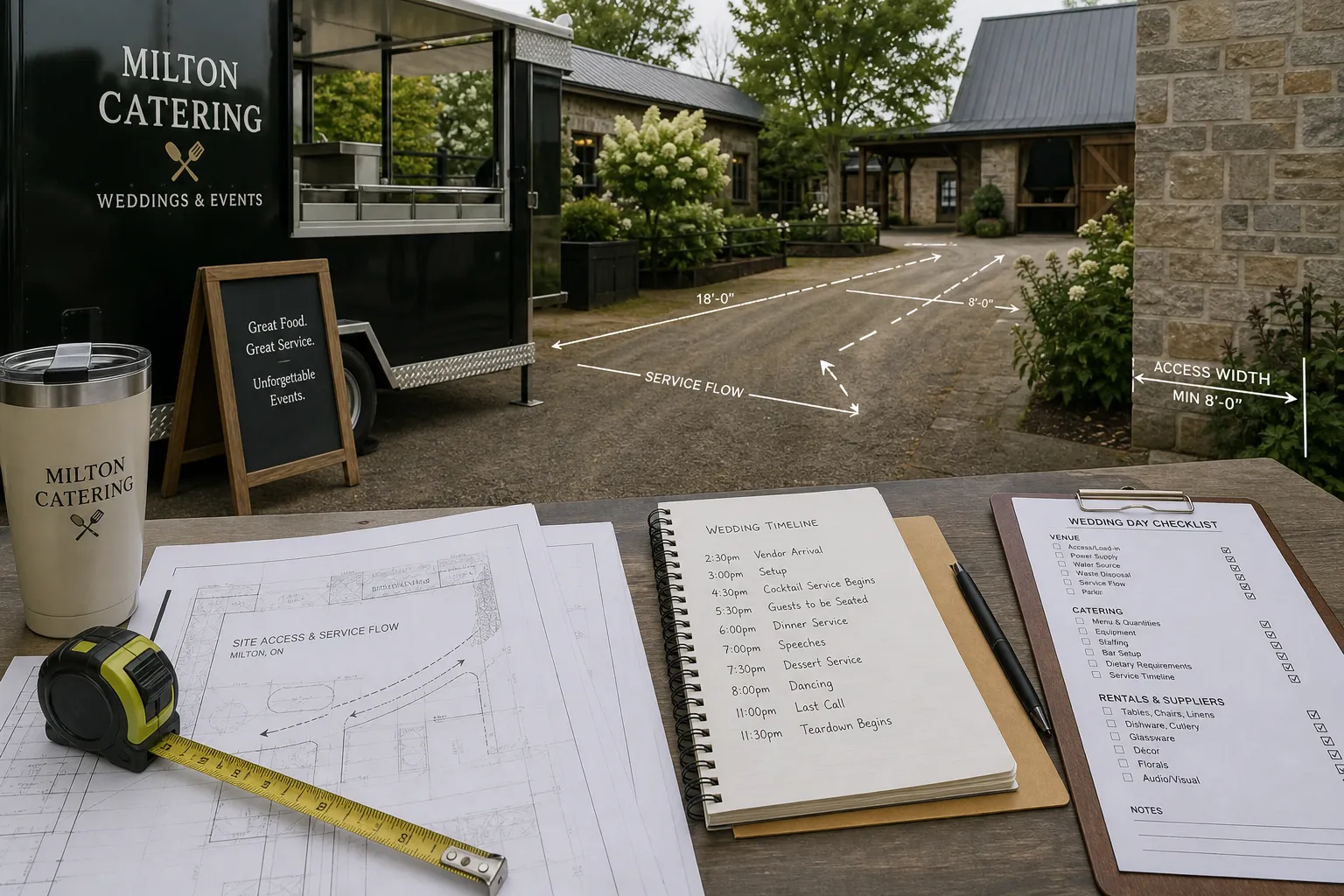 Wedding service planning layout and catering access setup in Milton