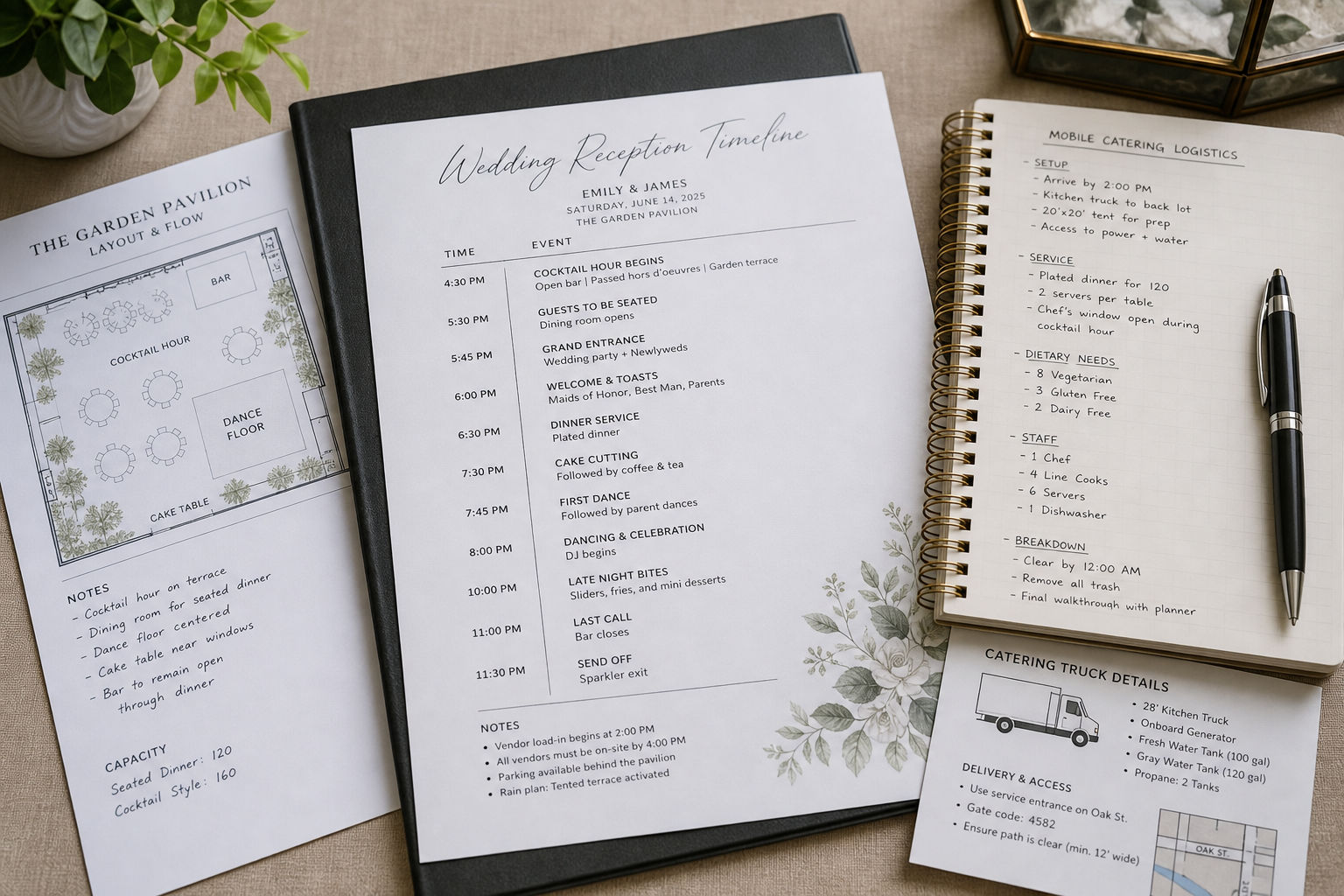 Wedding reception timeline planning materials for a mobile catered event