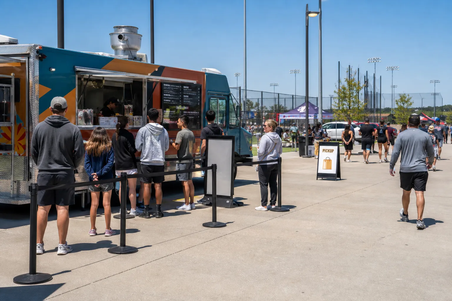 Organized food truck ordering and pickup area at a youth sports tournament in Dacono