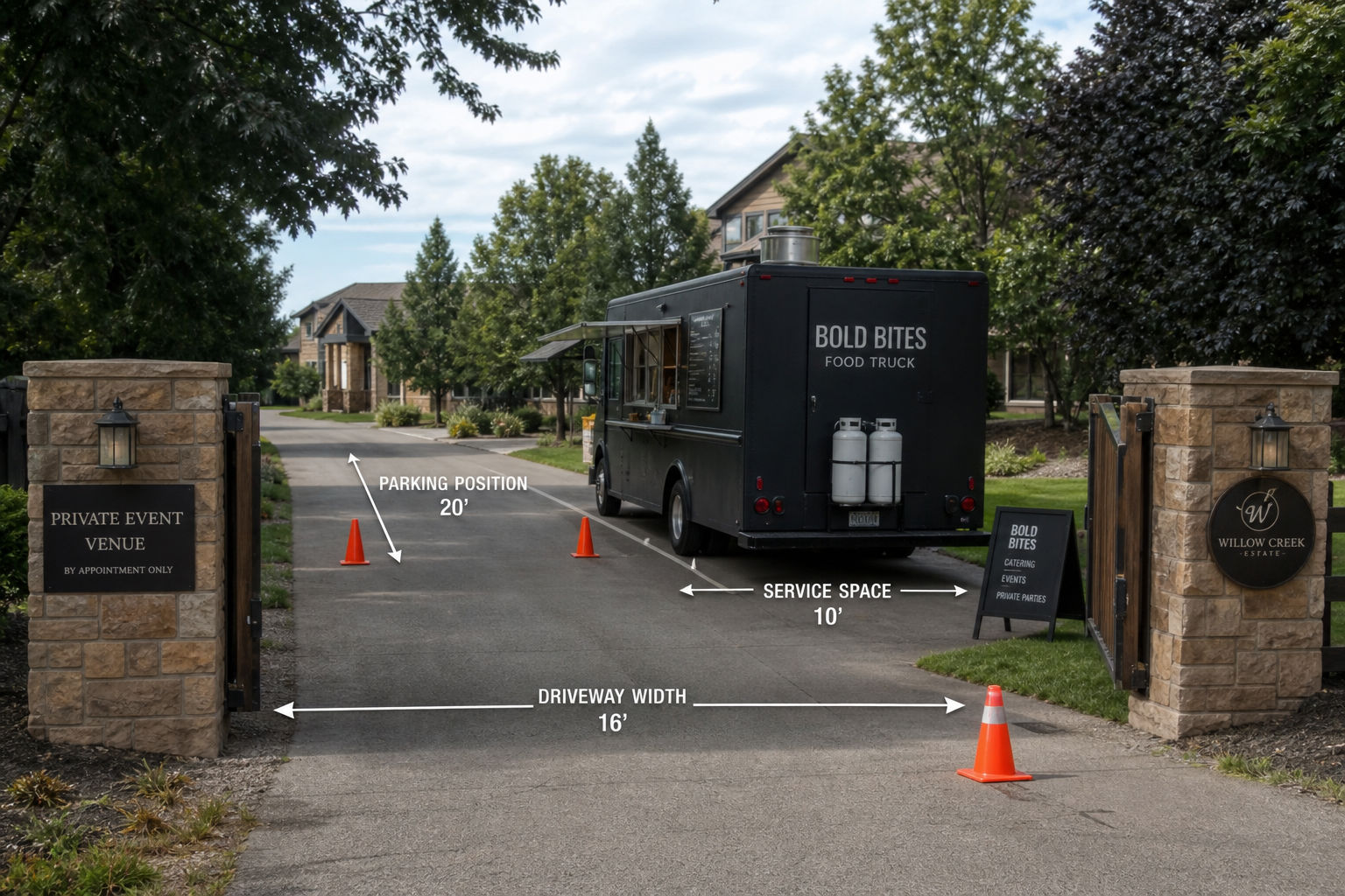 Mobile catering truck placement and access review at an event venue