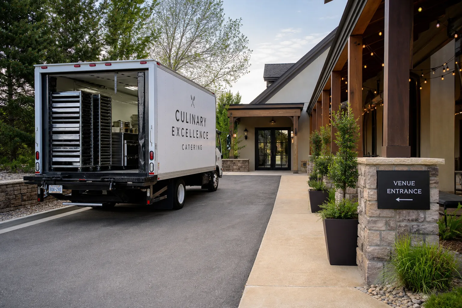 Mobile catering access and parking setup for wedding service in Littleton