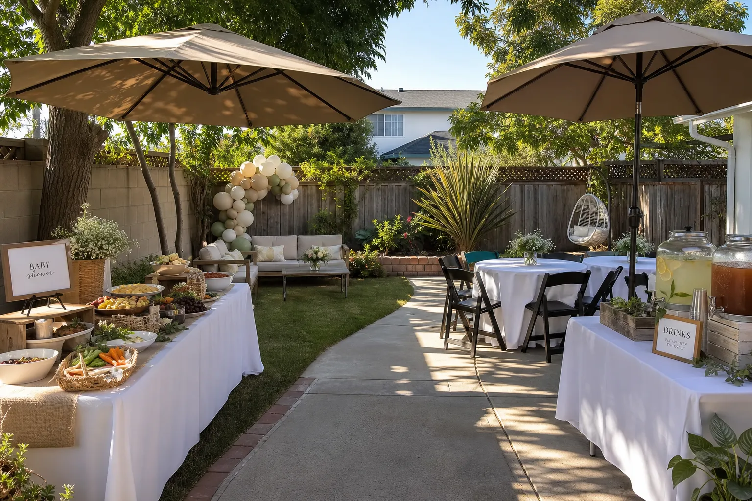 Backyard baby shower setup with comfortable food and beverage flow in Aurora