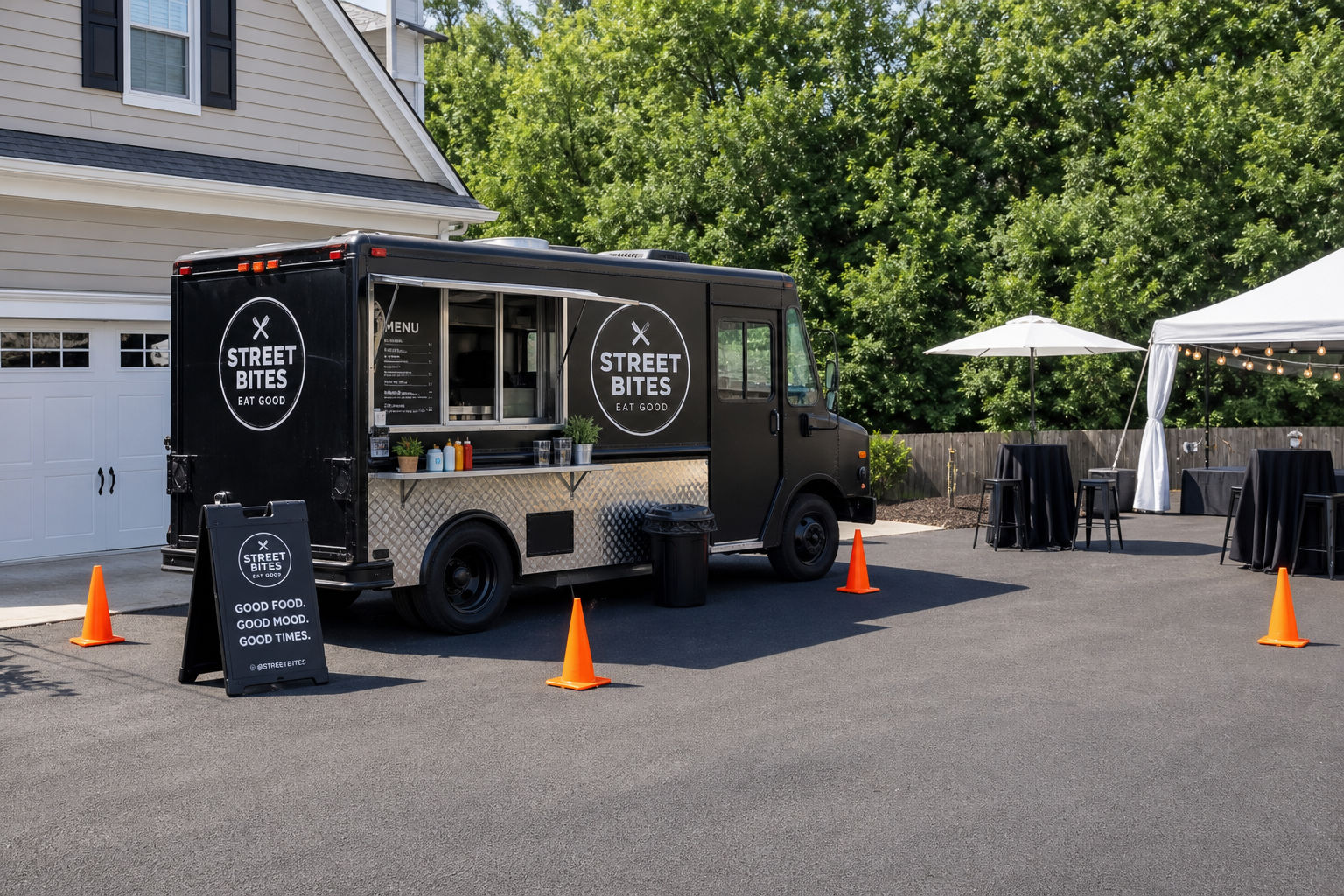 Food truck setup showing parking and guest flow at a residential event