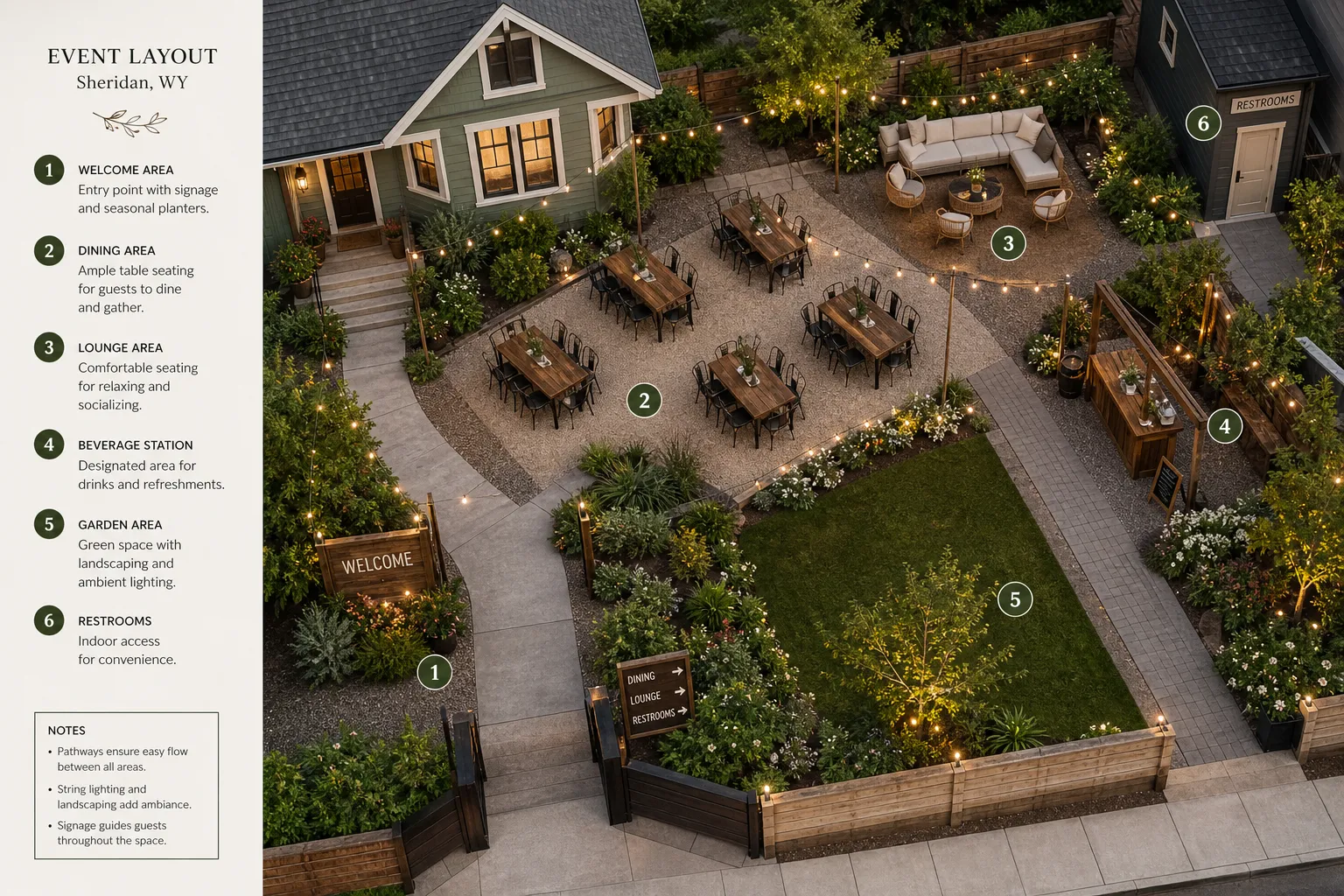 Multi-zone outdoor event layout prepared for meal delivery in Sheridan