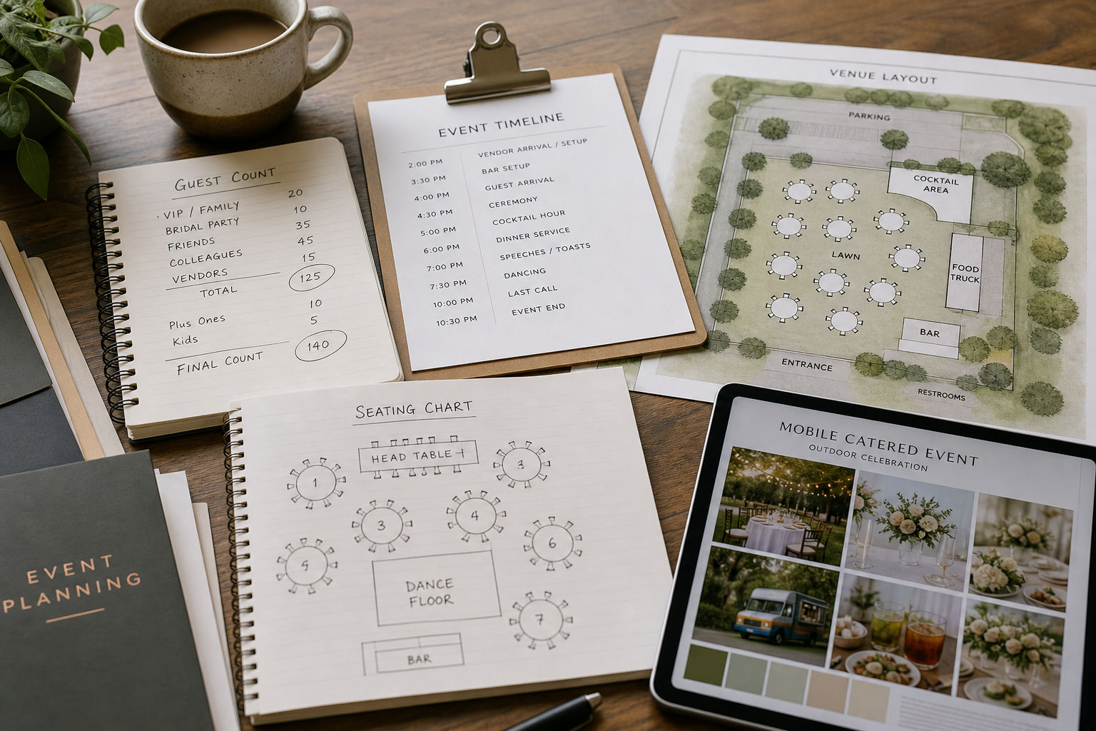 Guest count and seating plan materials for a mobile catered event
