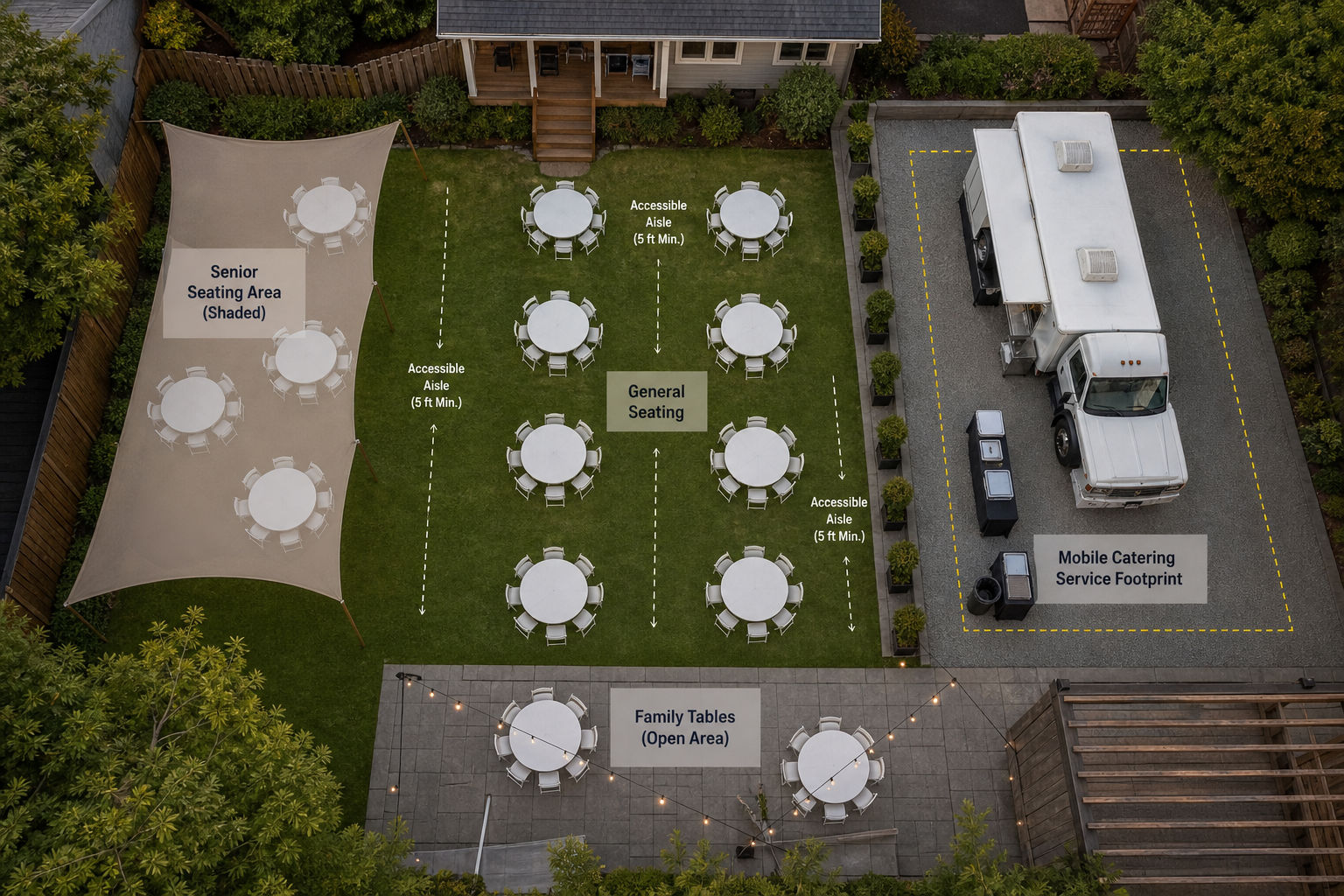 Organized seating zones for a mixed-age catered event
