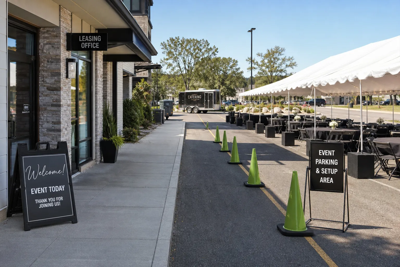 Professional resident event layout for mobile caterer service near a leasing office in Sheridan
