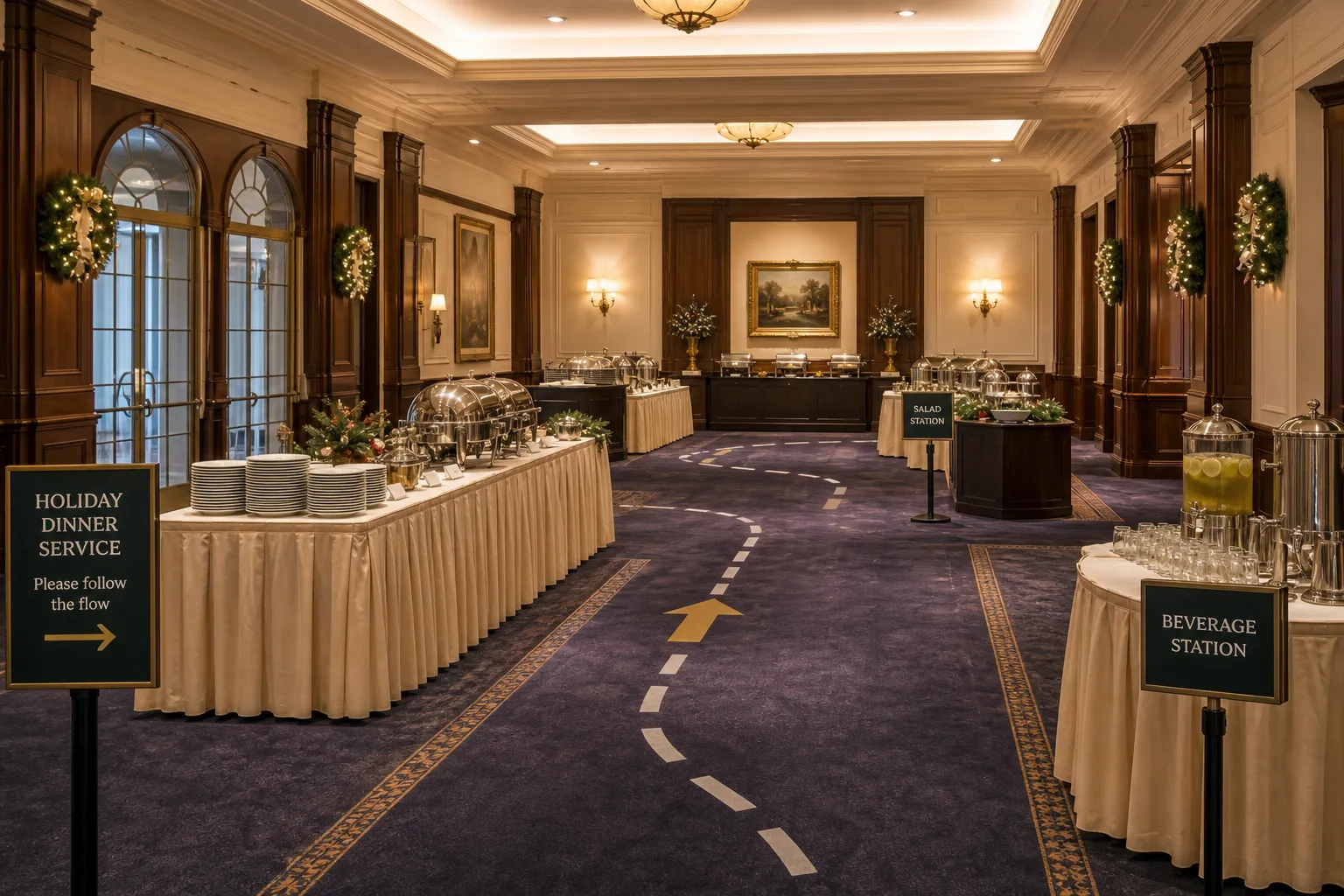 Efficient meal delivery layout for smooth dinner flow at a Westminster company holiday party