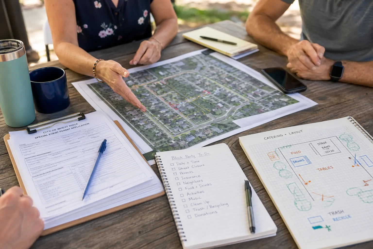 Block party planning documents and catering layout notes for a Wheat Ridge event