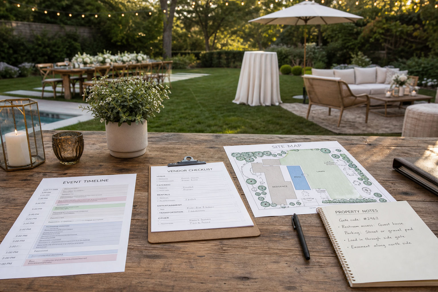 Event planning documents and site notes for a backyard wedding or private party