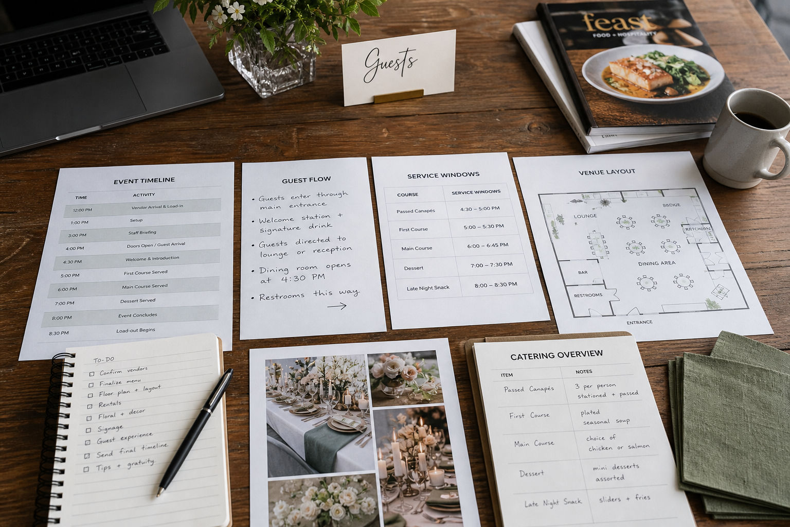 Event schedule and service timeline for a staggered attendance party