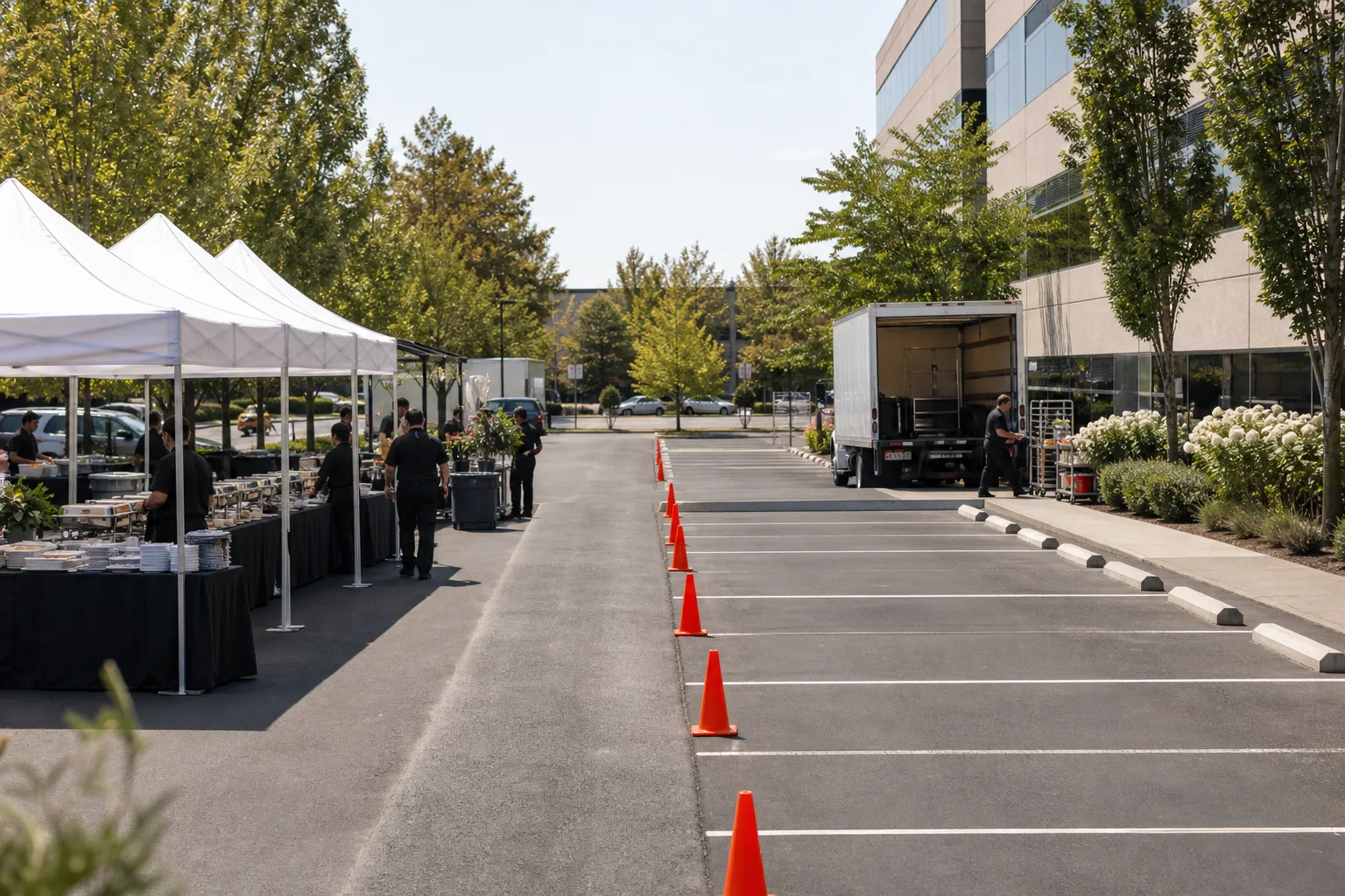Prepared parking-lot setup for an employee appreciation lunch in Littleton
