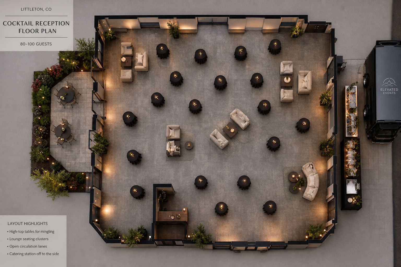 Cocktail-style reception layout with open guest flow and mixed seating in Littleton