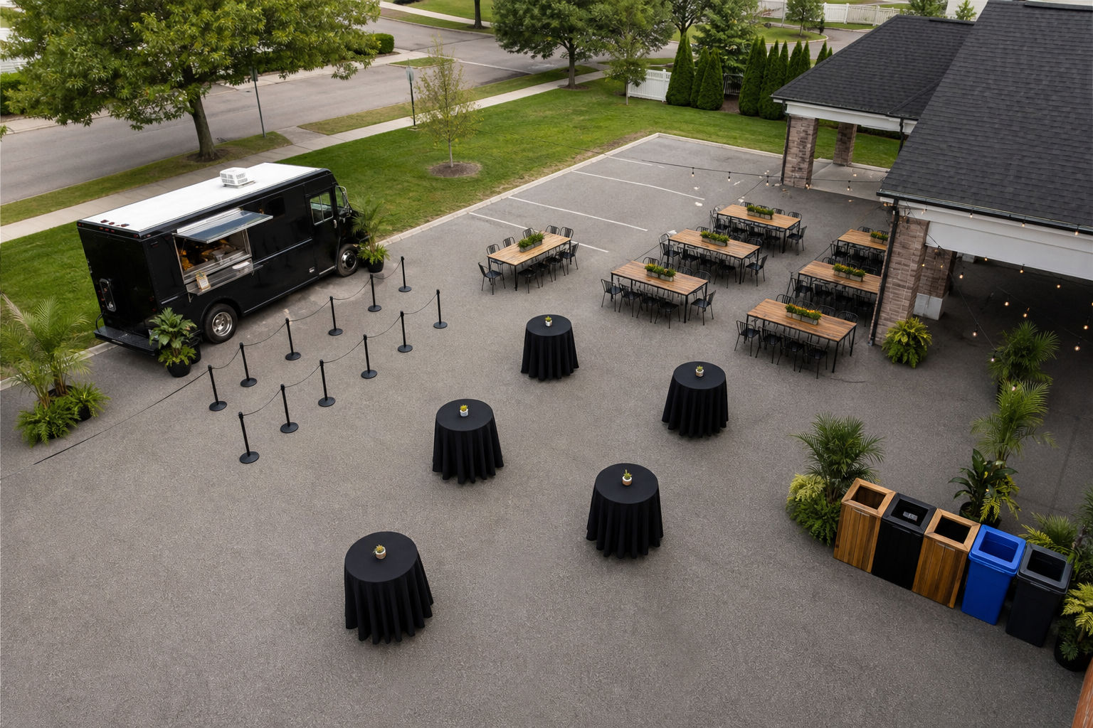 Site layout for seating and service flow at a mobile catered event