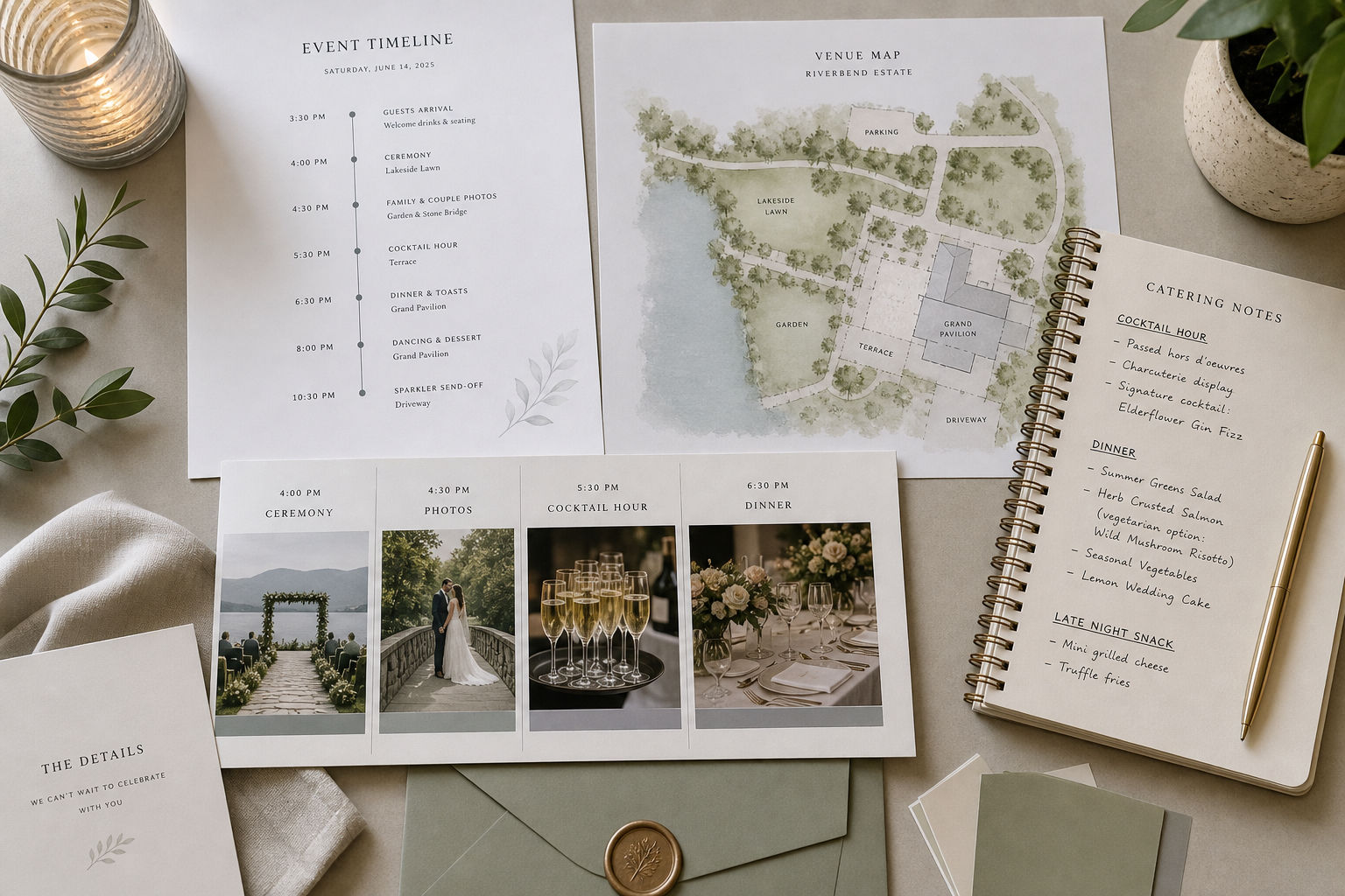 Event timeline and catering schedule for a split-schedule celebration