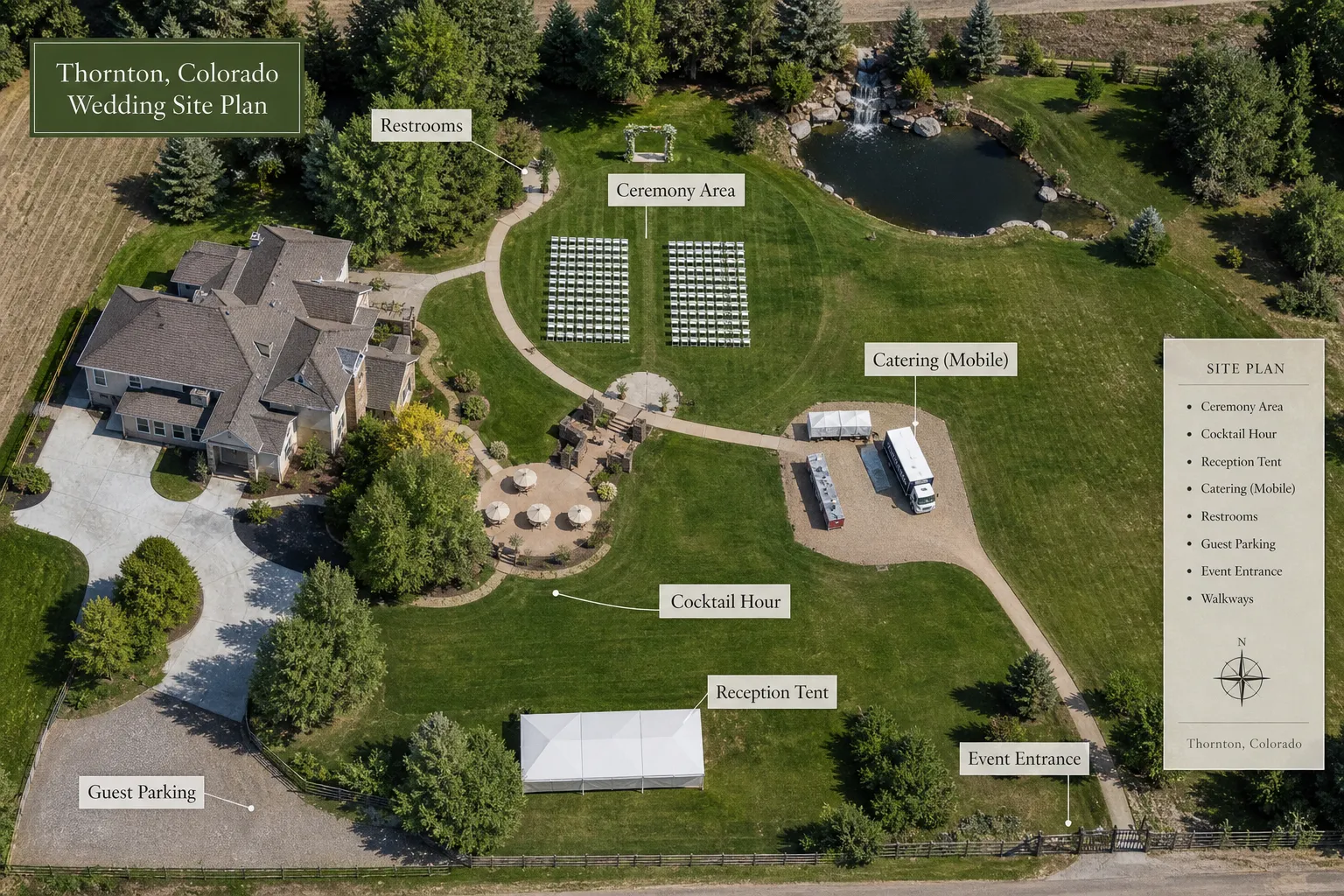 Wedding service layout in Thornton with clearly organized guest and catering zones