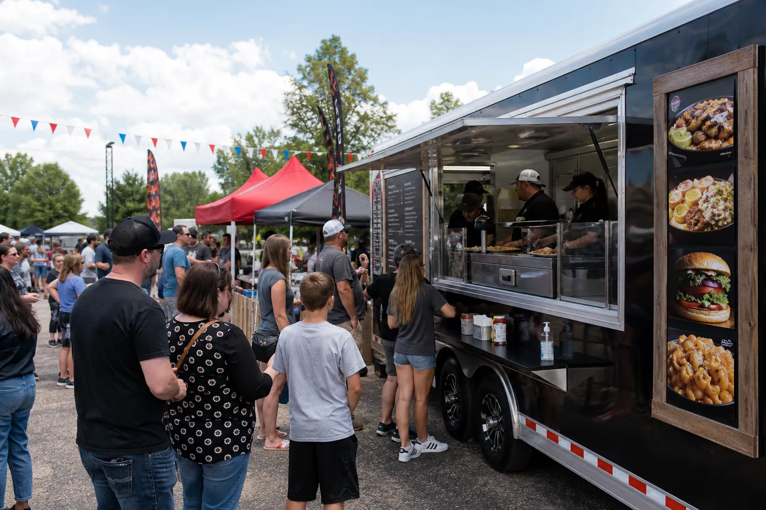 Organized festival food service setup in Dacono with clear lines and mobile catering