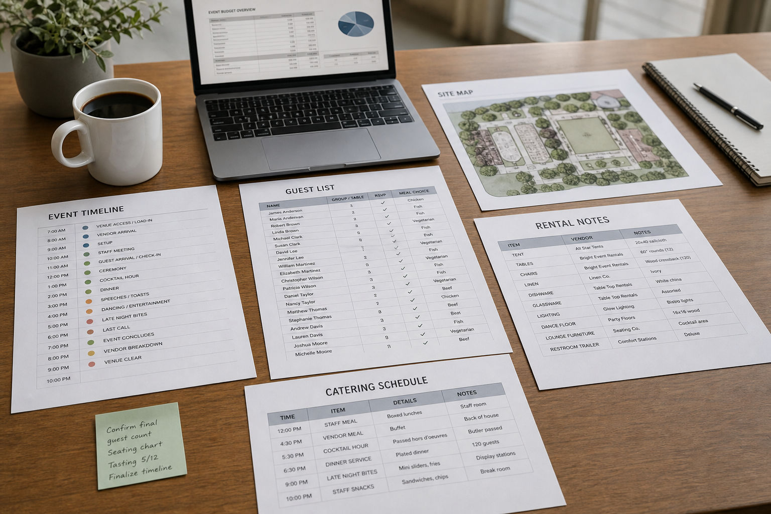 Event planning timeline, guest list, and layout notes for a private catered celebration