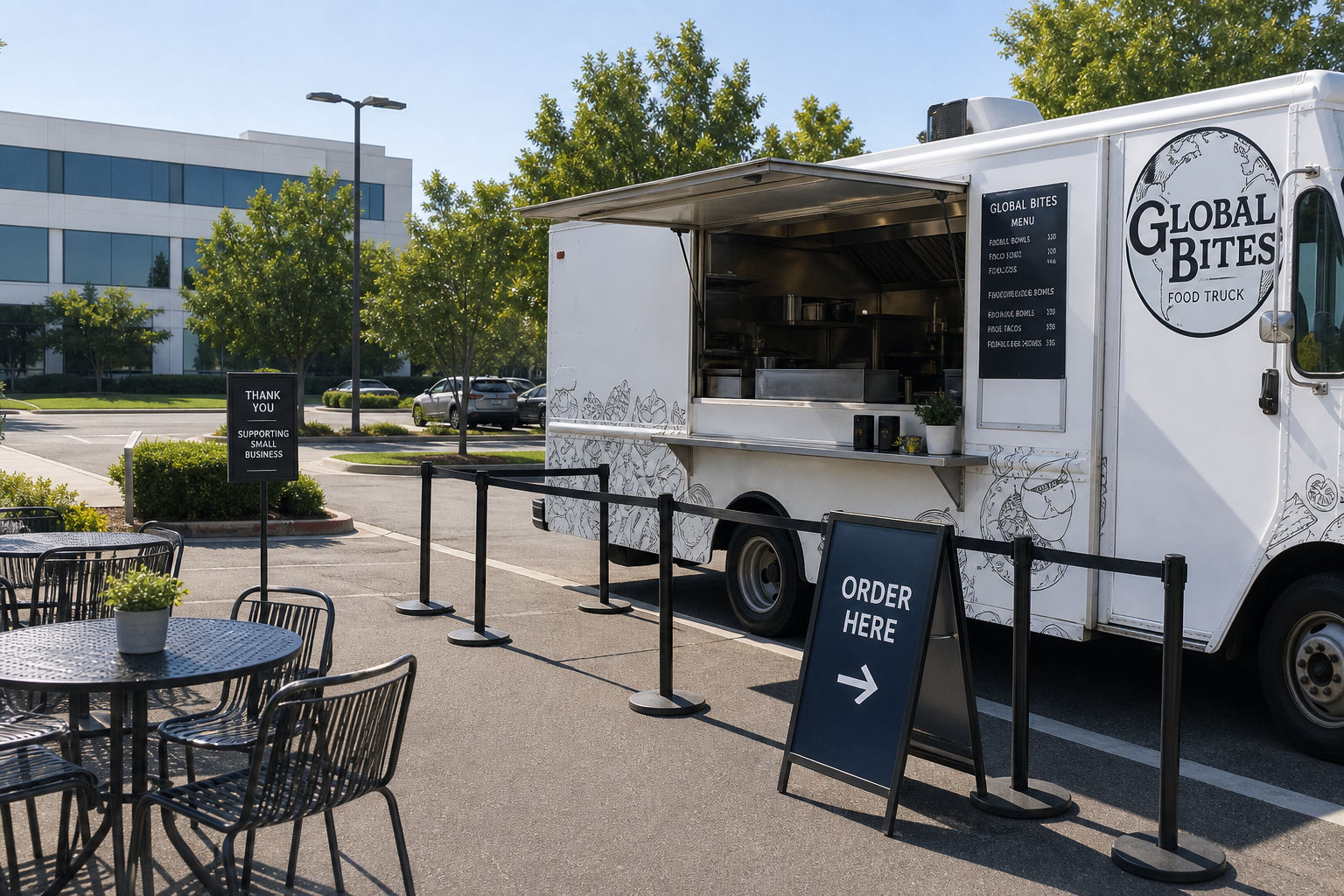 Food truck catering arranged for a business event with organized service flow