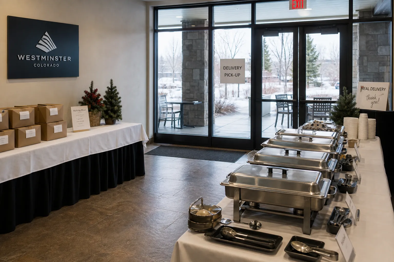 Weather-ready meal delivery setup for a holiday party in Westminster