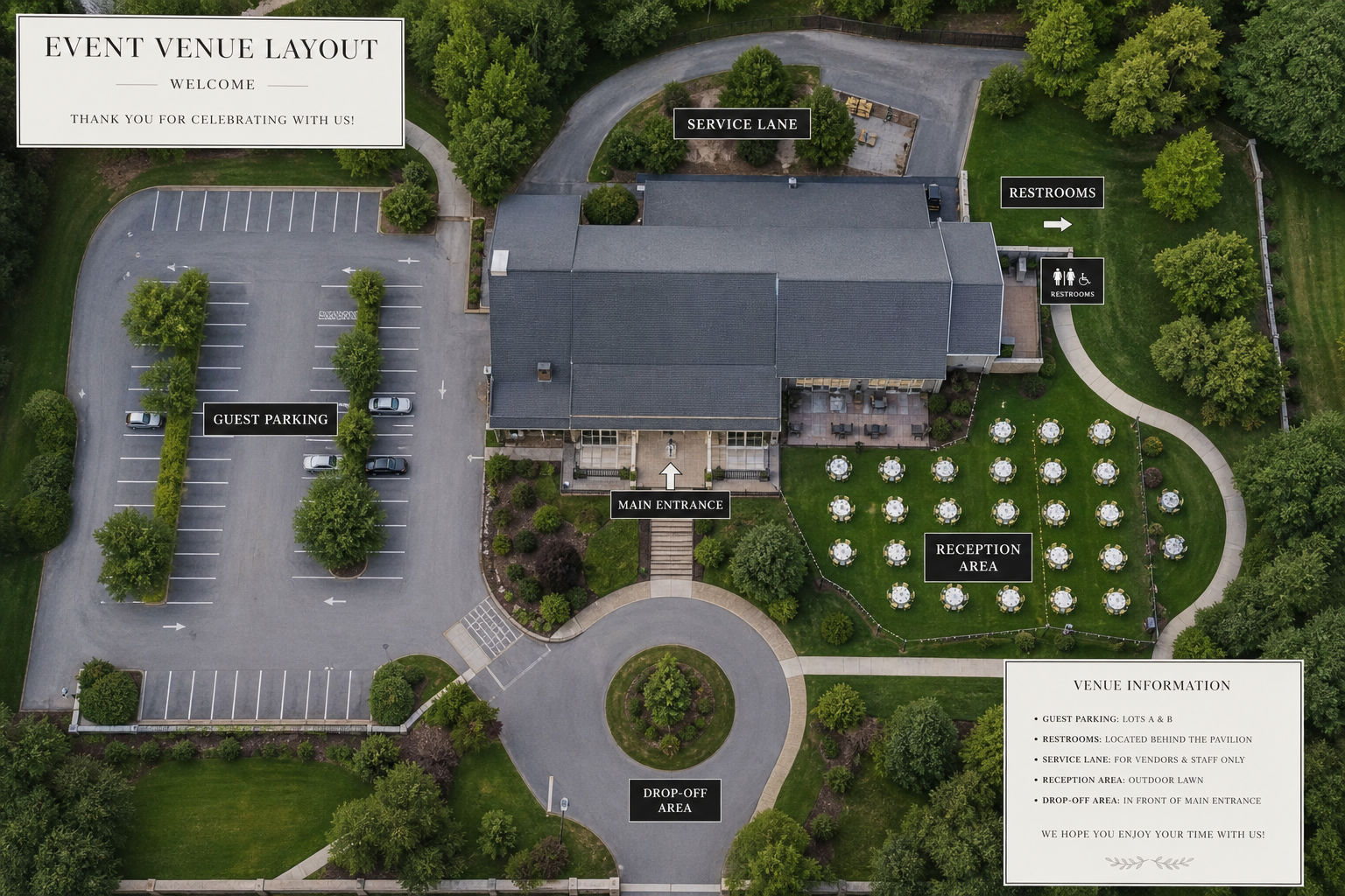 Event venue layout highlighting parking, restrooms, and service flow