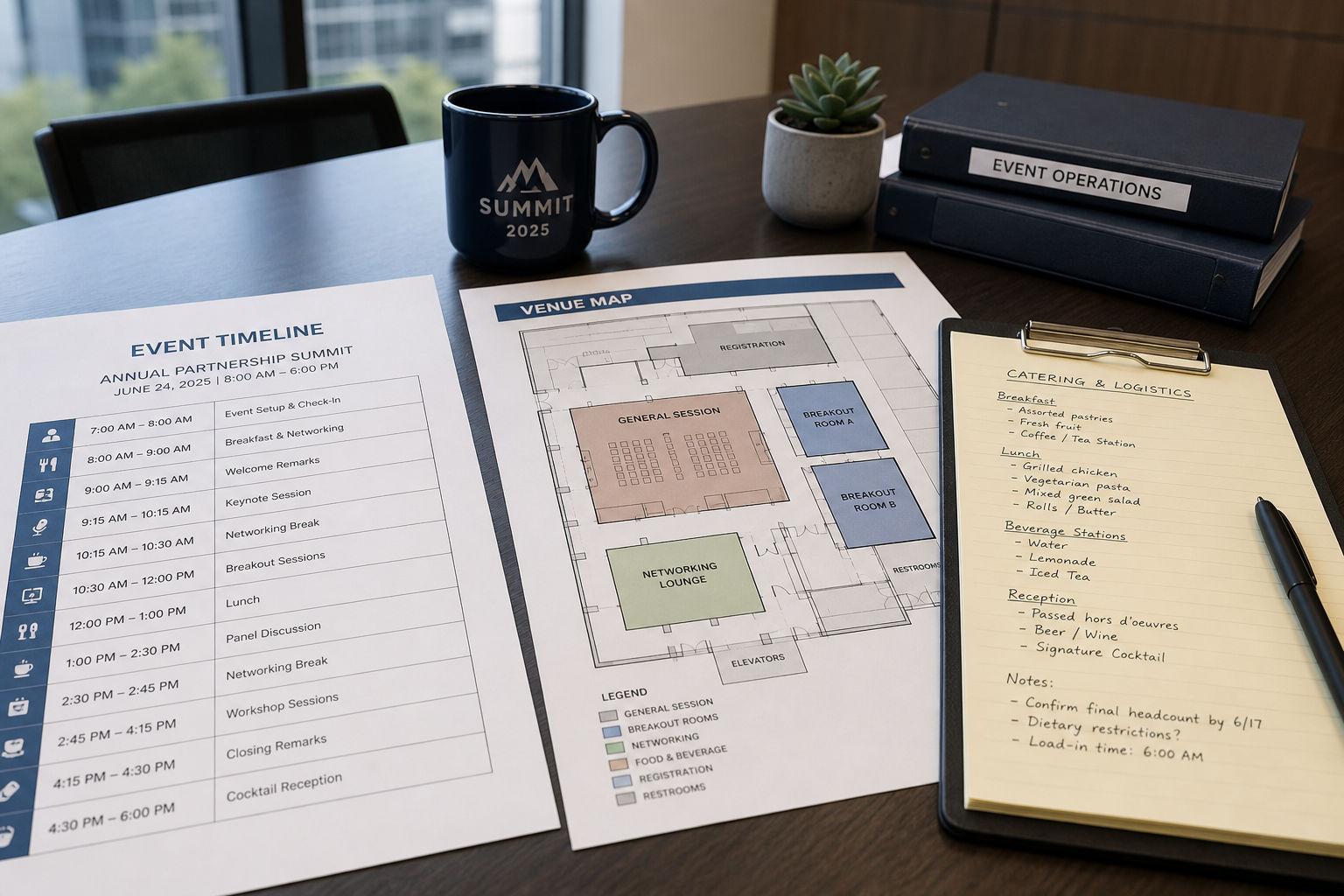 Corporate event timeline and logistics plan prepared for a catered business event