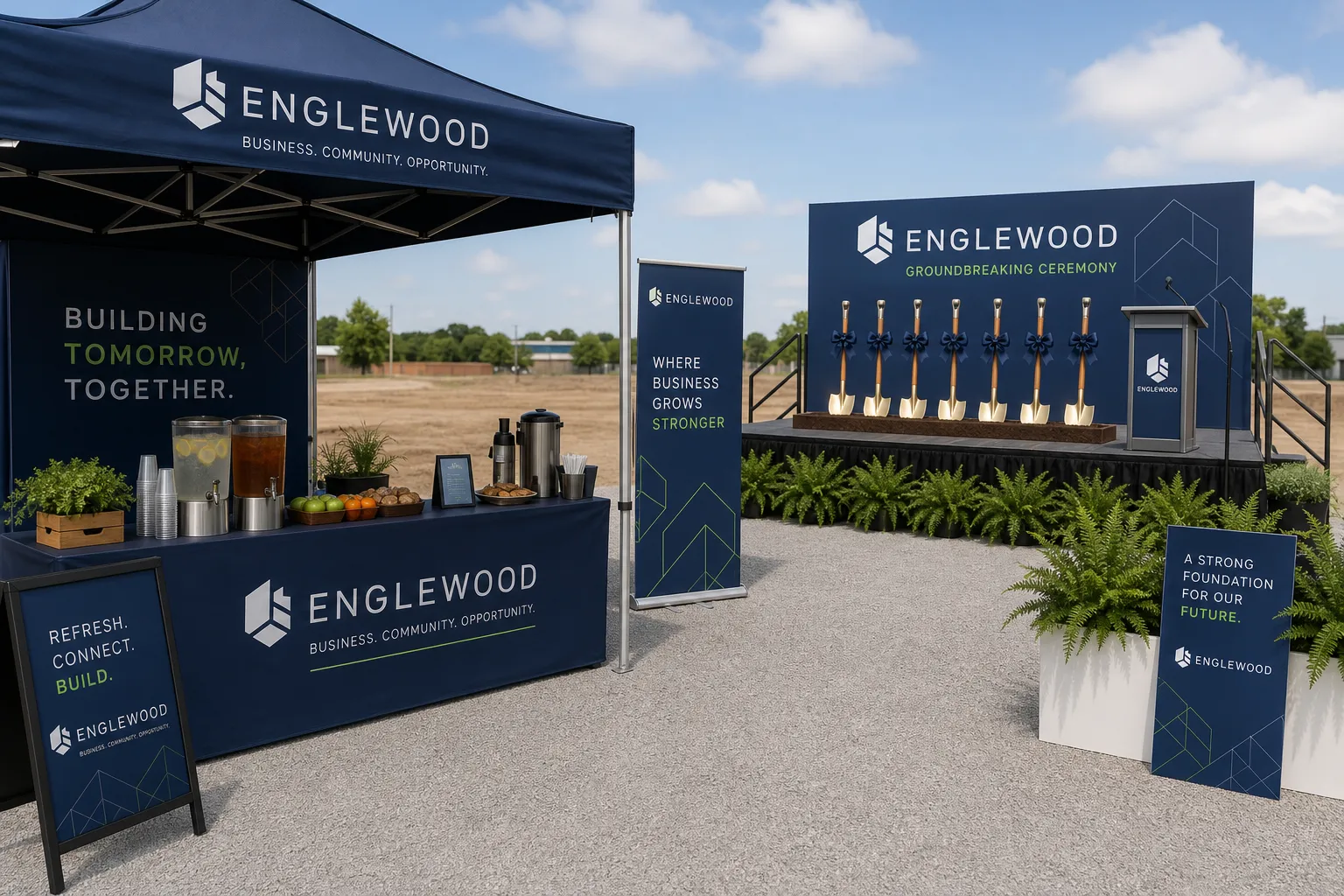 Branded guest hospitality area for a corporate groundbreaking event in Englewood