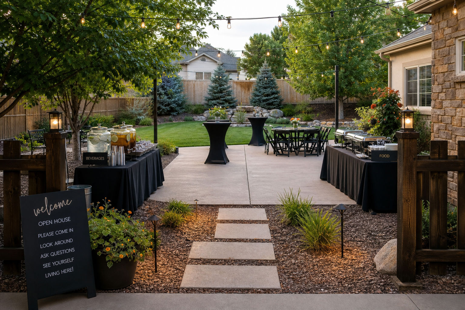 Open house layout with clear arrival path and separate beverage and food stations