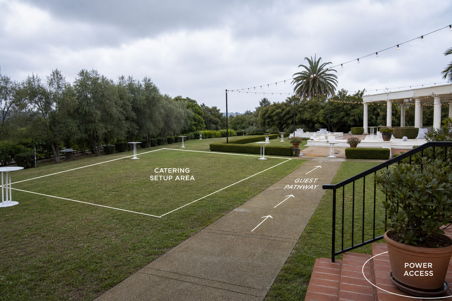 Venue walkthrough showing catering setup area and guest traffic paths