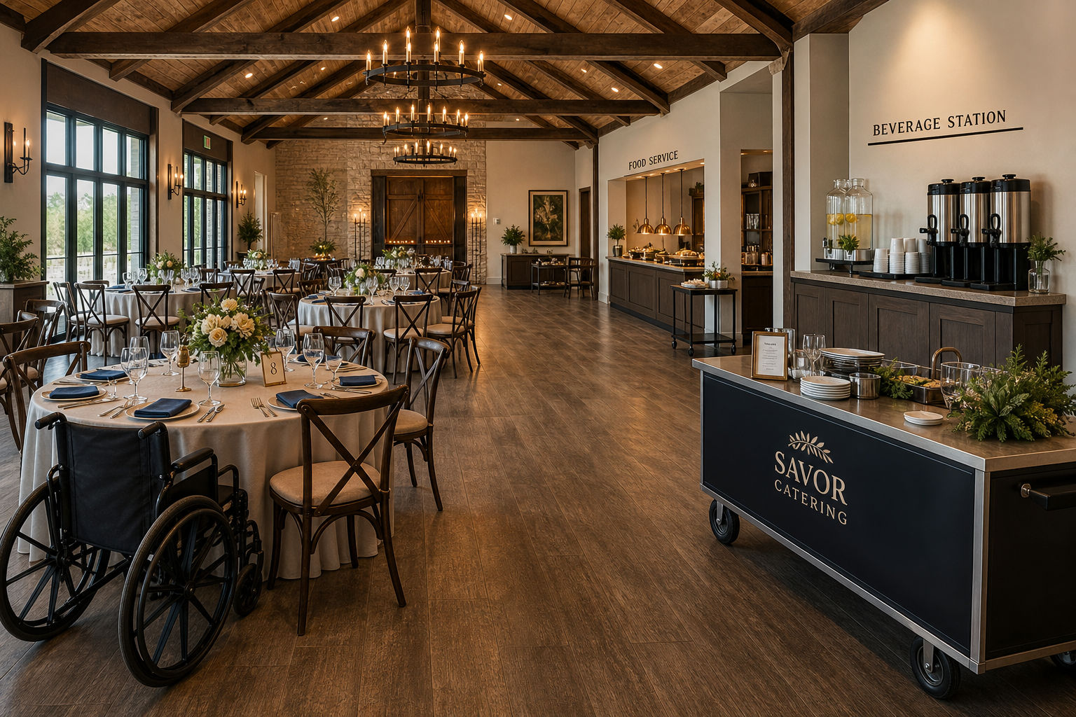 Accessible cocktail reception setup with clear service zones in Littleton