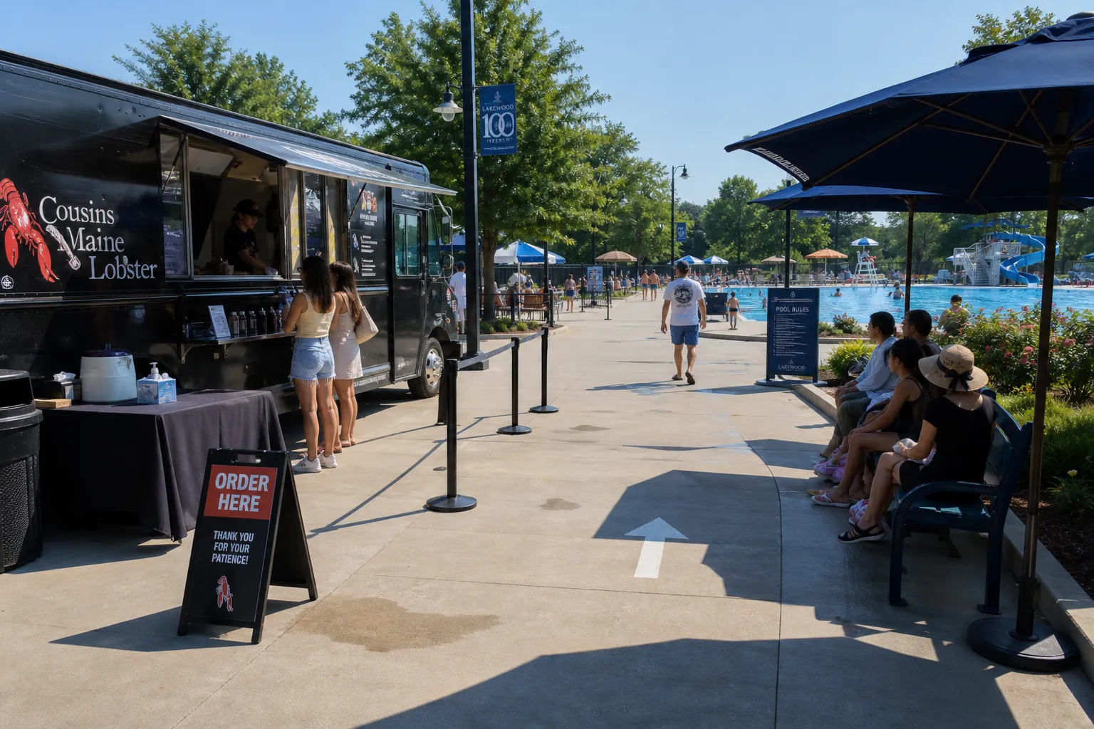 Poolside food truck service layout planned for an HOA event in Lakewood