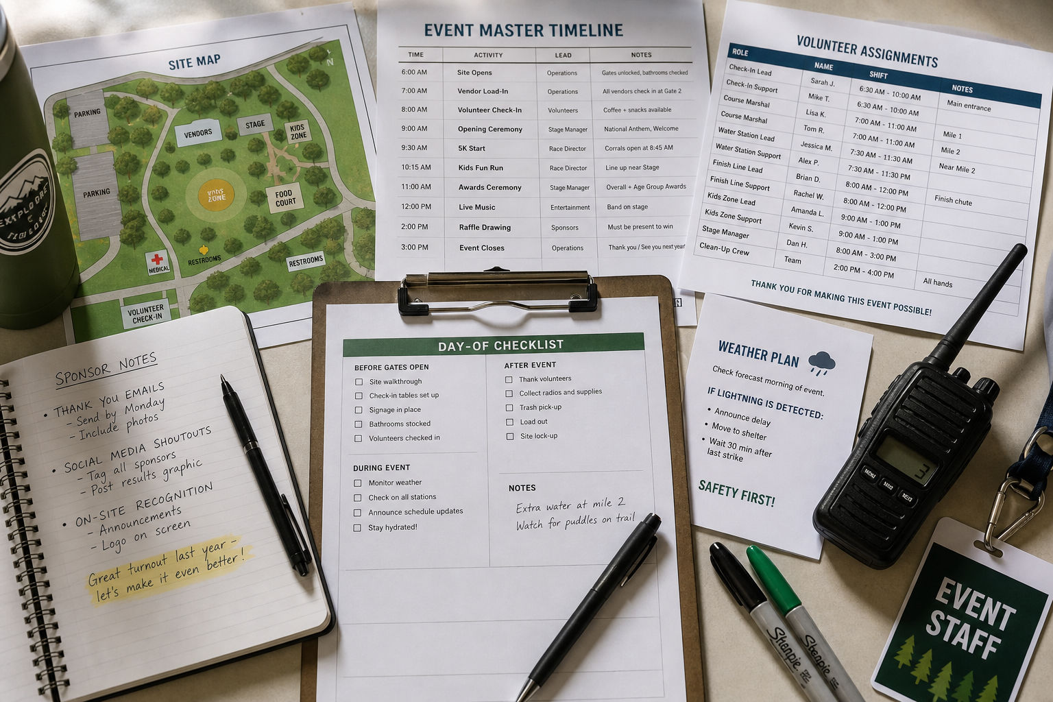 Master event timeline and volunteer coordination documents for a school fundraiser