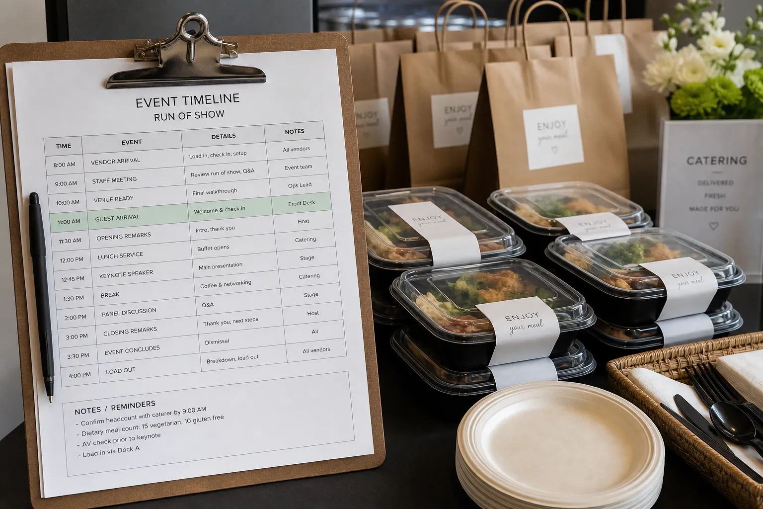 Event timeline and food service setup for delivery service in Broomfield
