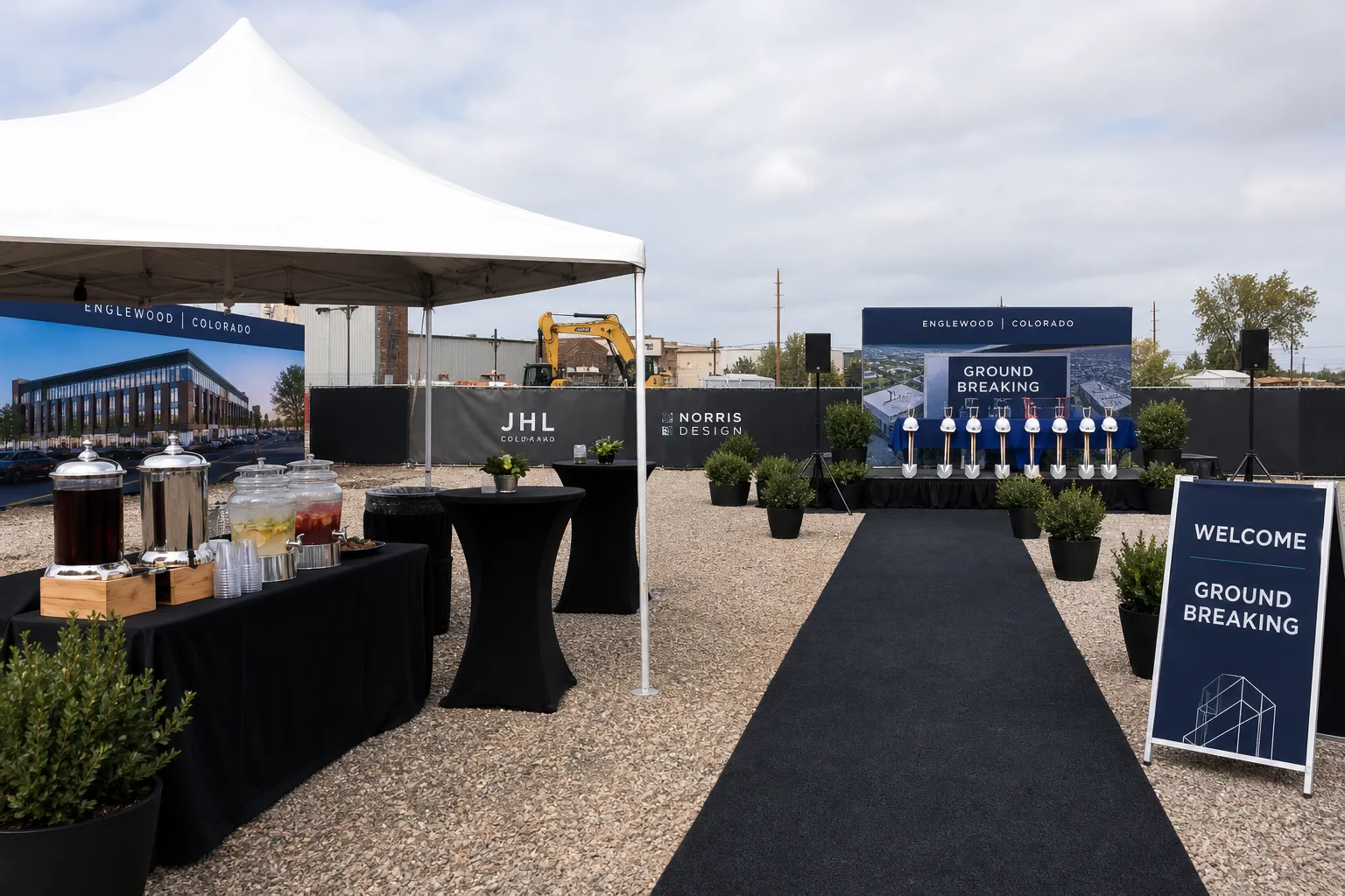 Outdoor hospitality setup for a groundbreaking ceremony in Englewood