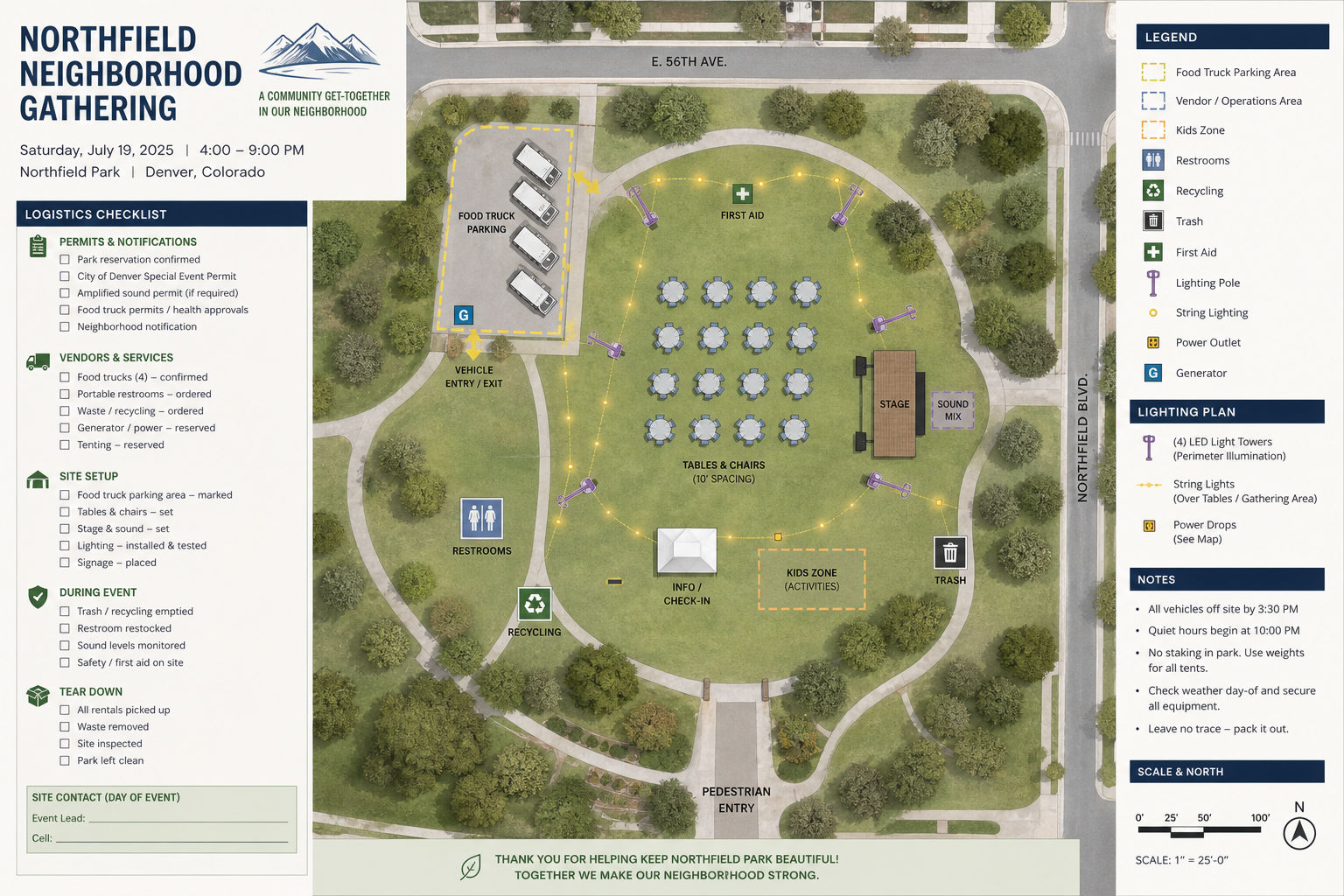 Neighborhood event layout with food truck and planning logistics