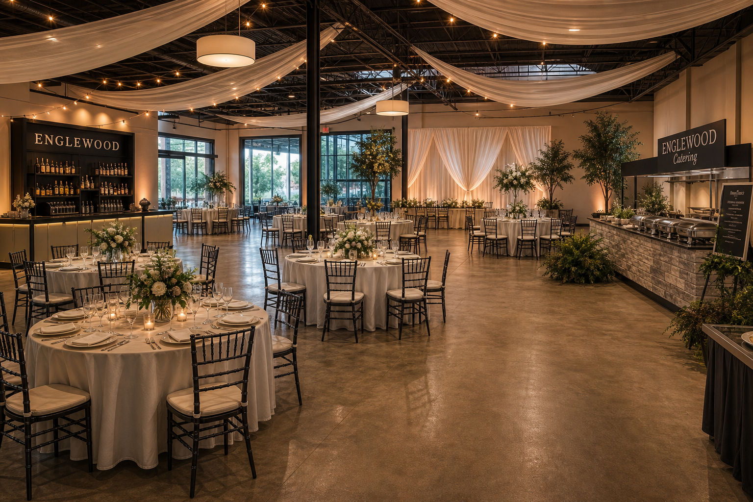 Organized wedding reception layout with bar and service flow in Englewood
