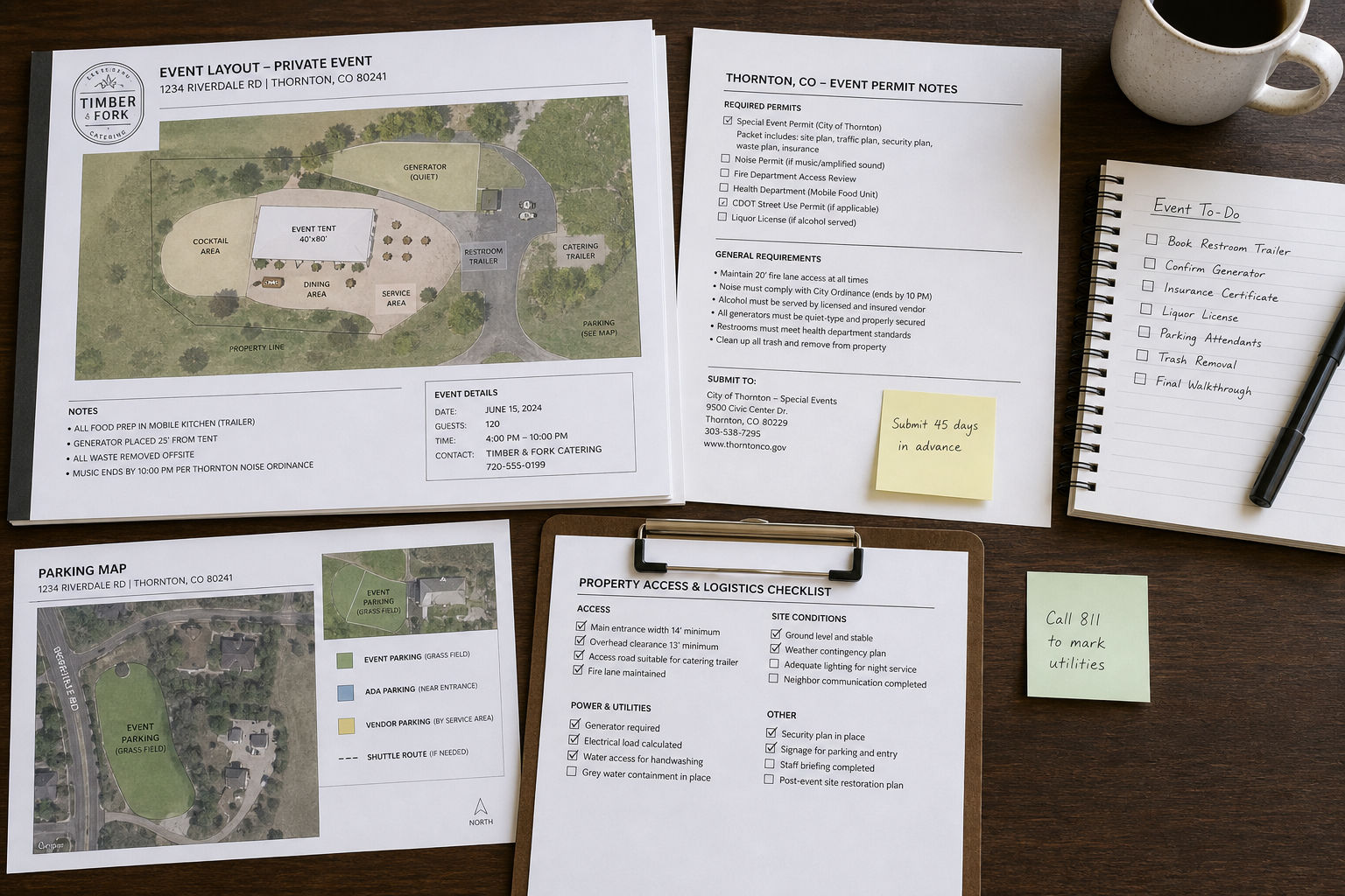 Event site plan and permit checklist for a private mobile catered event