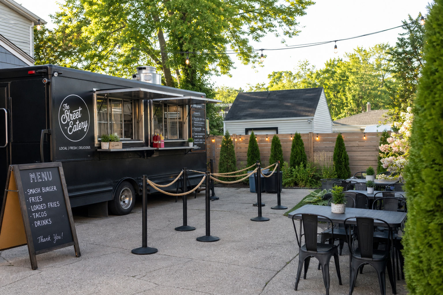 Food truck catering setup at a residential event with clear space for guests