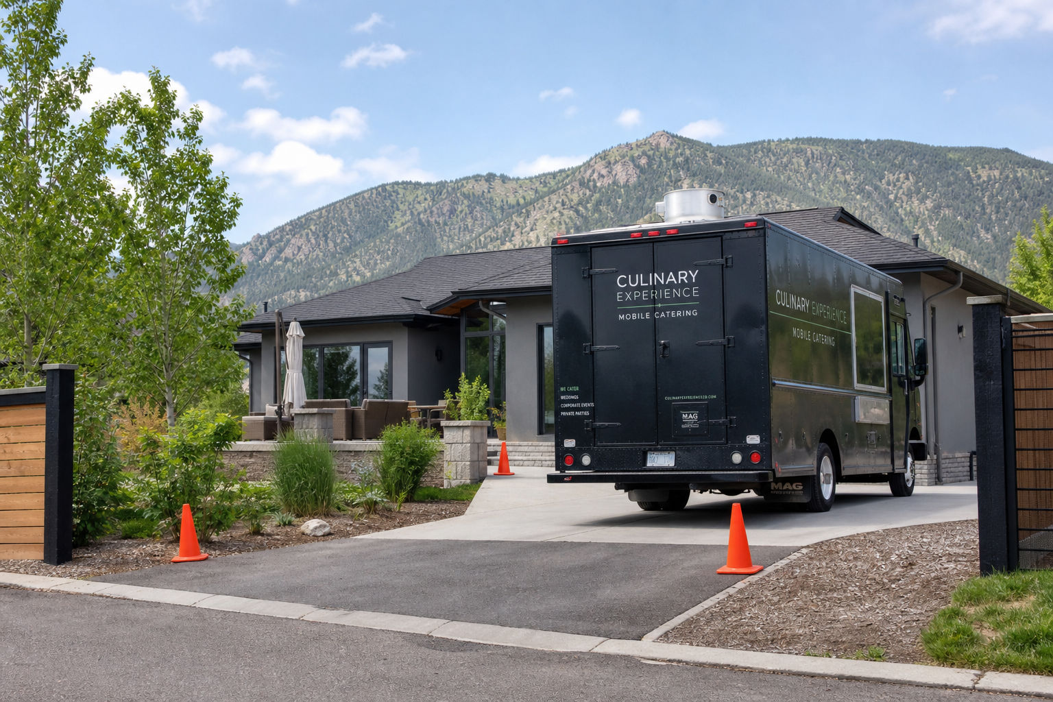 Mobile catering truck placement being evaluated at a private home event site