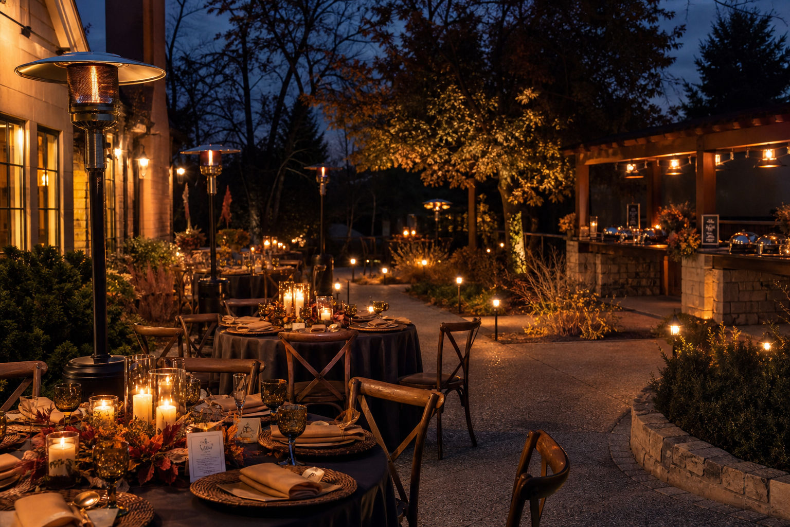 Seasonal private event setup with heaters and lighting for cooler Colorado evenings