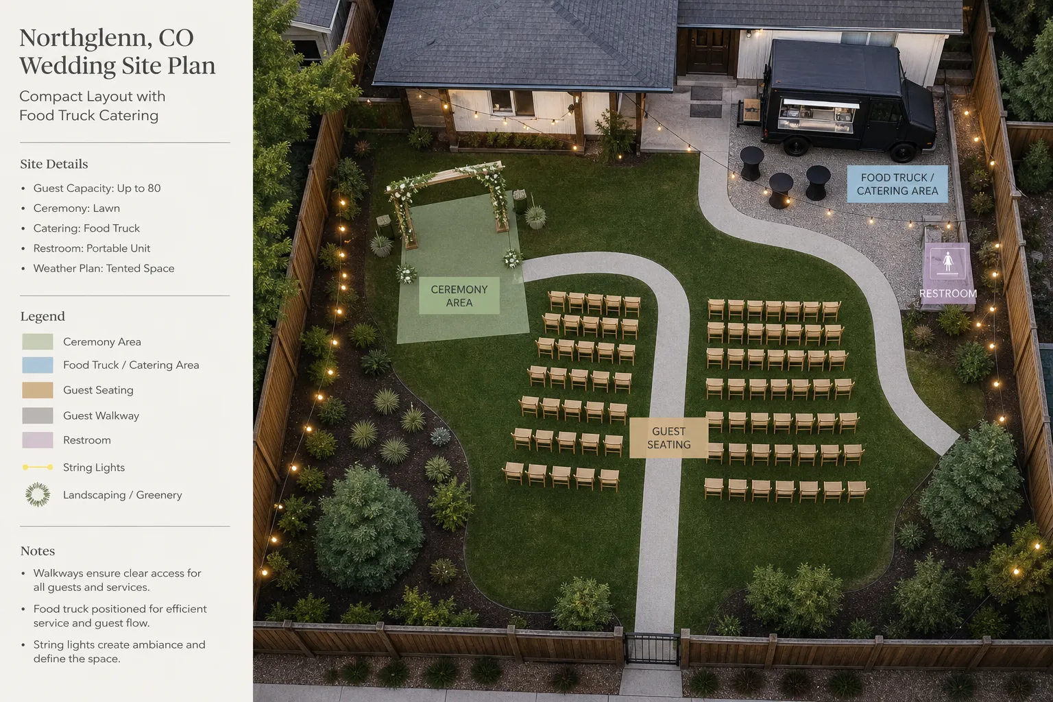 Micro wedding layout in Northglenn with food truck caterer service and clear guest flow