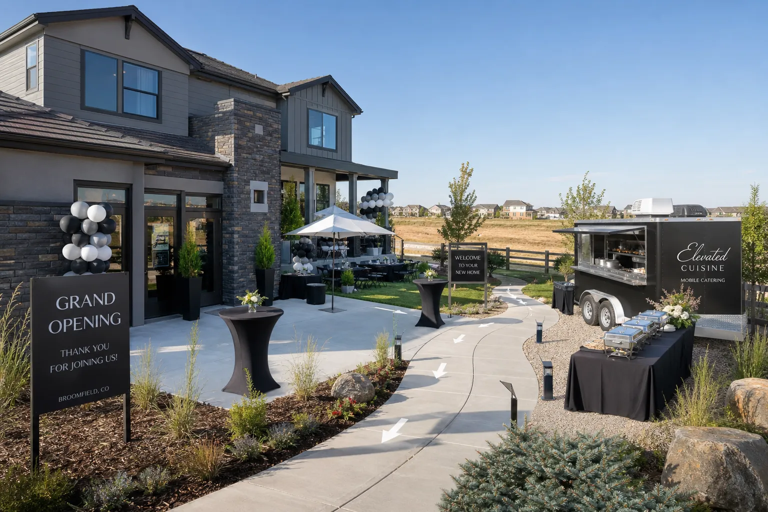 Mobile caterer setup positioned beside a model home in Broomfield