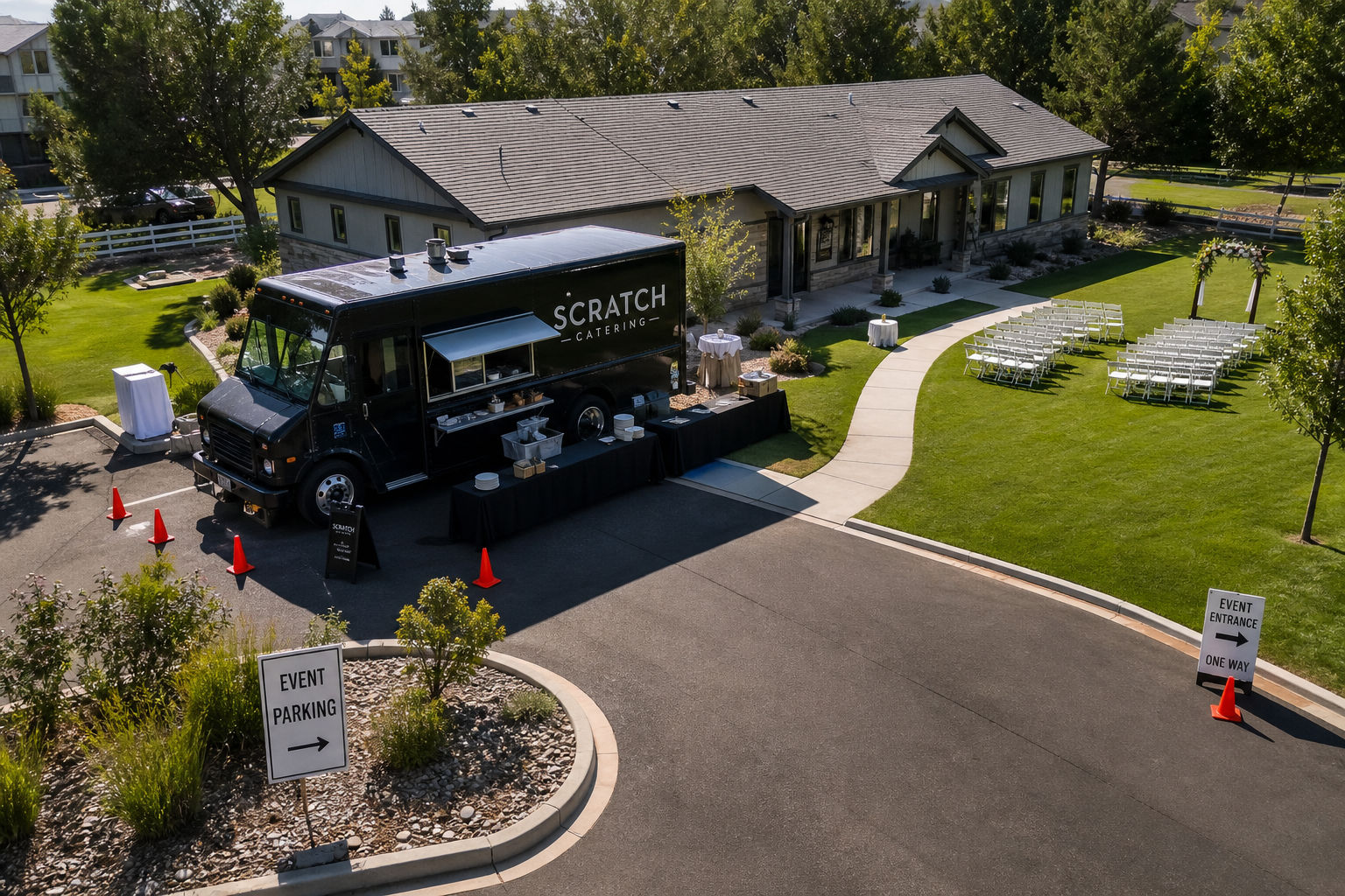 Mobile caterer setup and ceremony layout for a wedding in Thornton