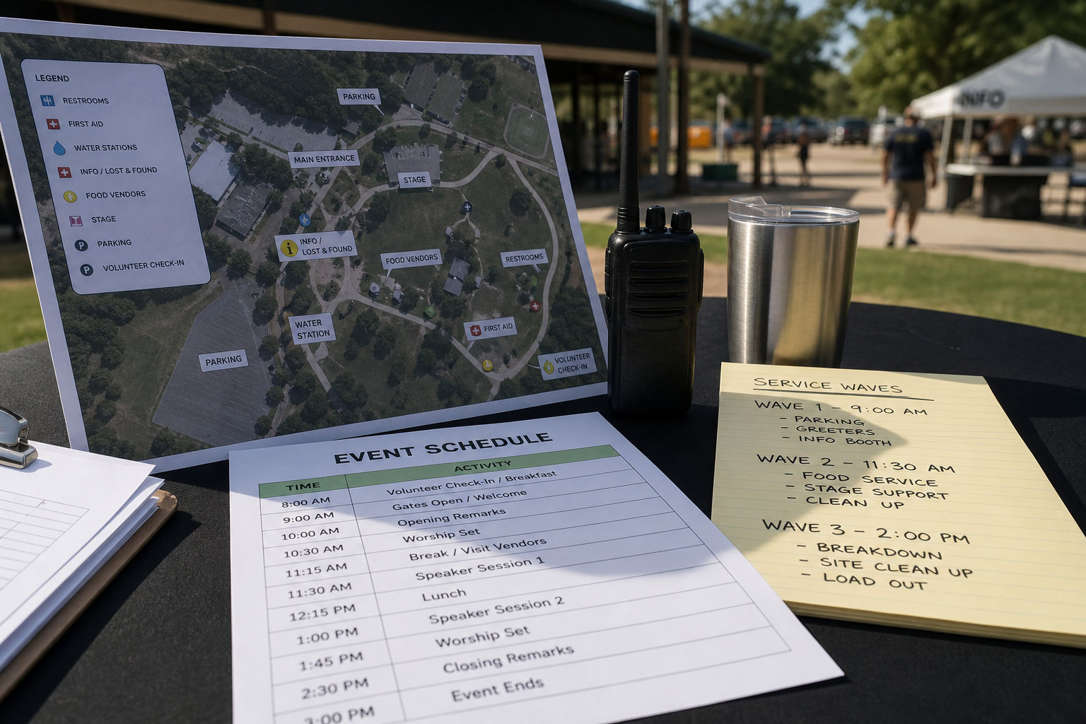 Event planning materials showing timed service and crowd flow organization for a community event