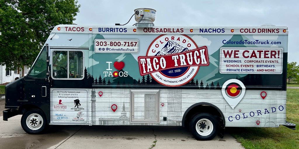 Colorado Taco Truck side view with full menu signage.